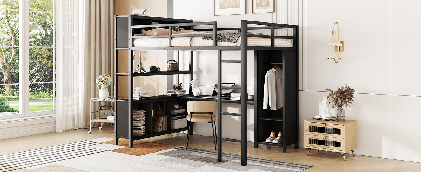 Desk with laptop and chair under the raised loft bed