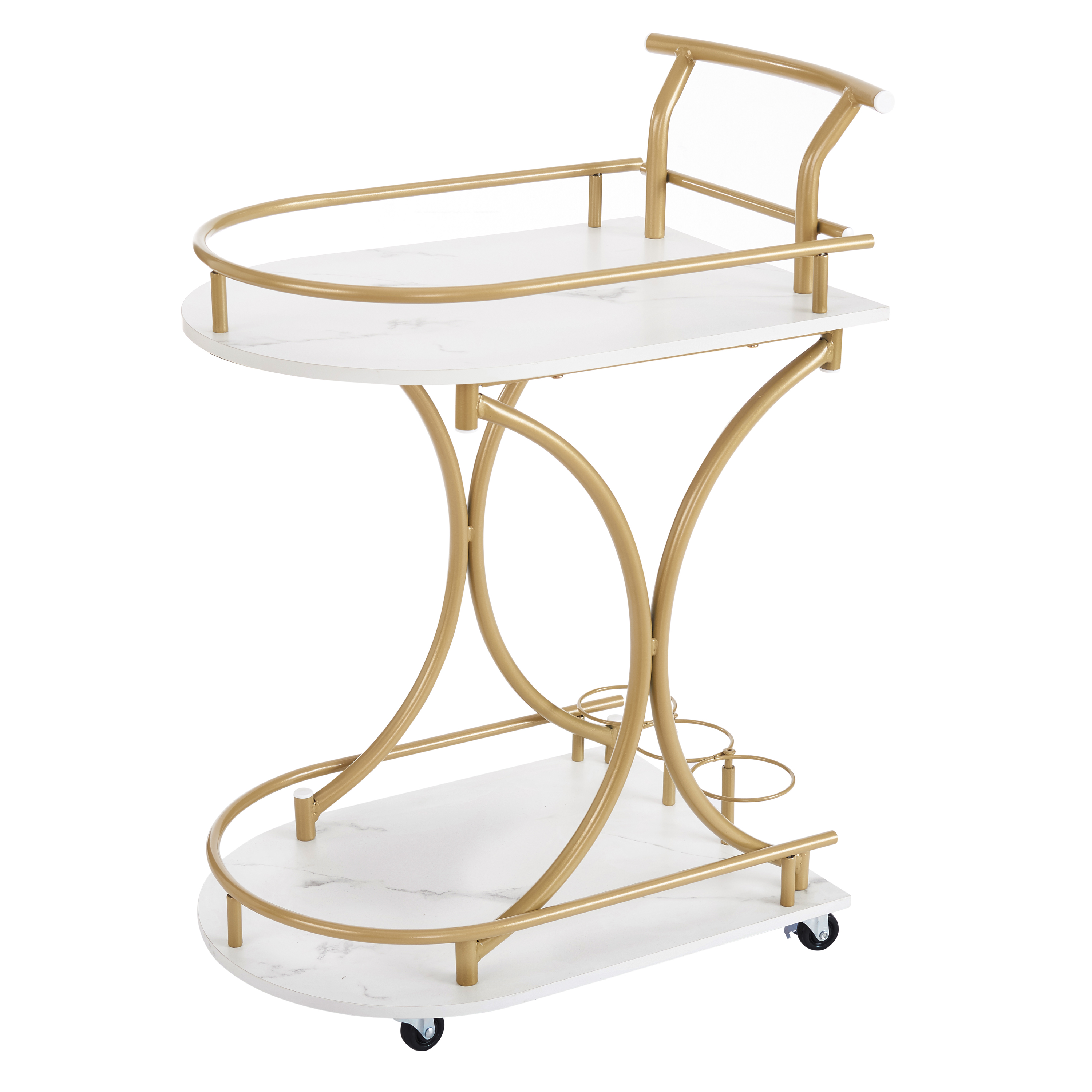 Gold two-tier bar cart with marble-look tops and four casters