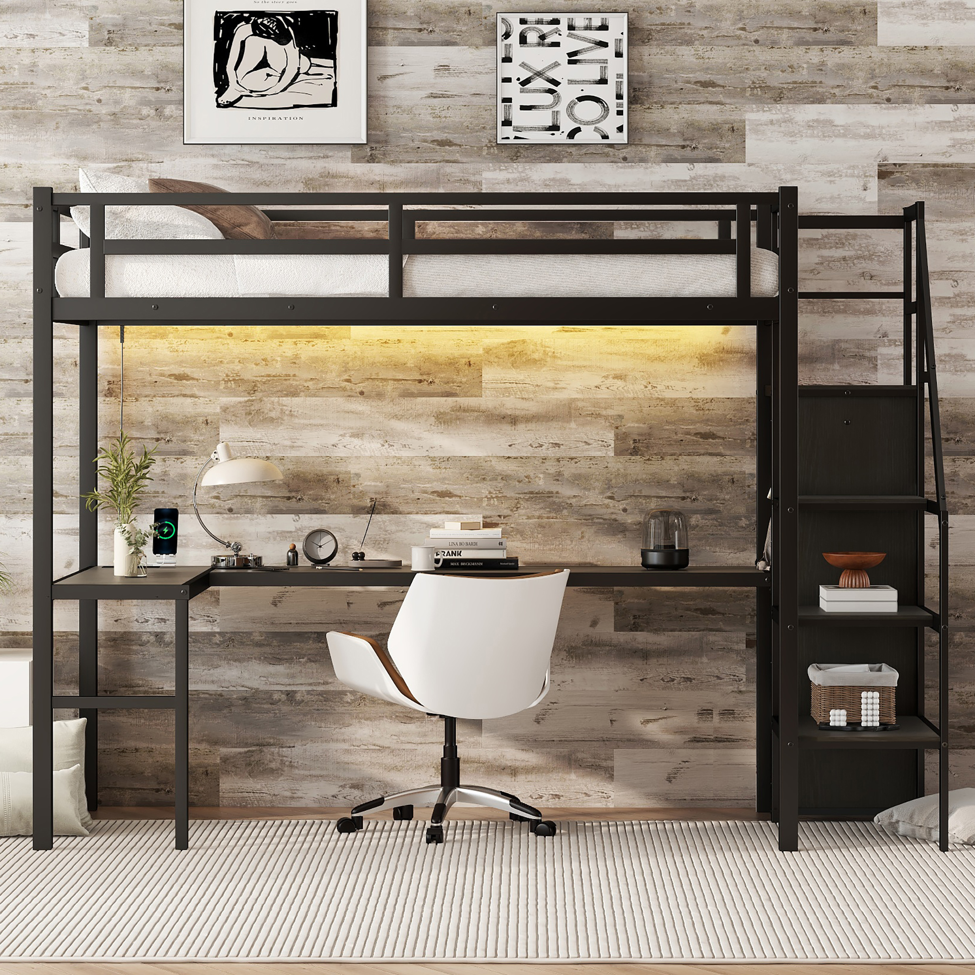 Study nook under loft bed with desk lamp and LED glow