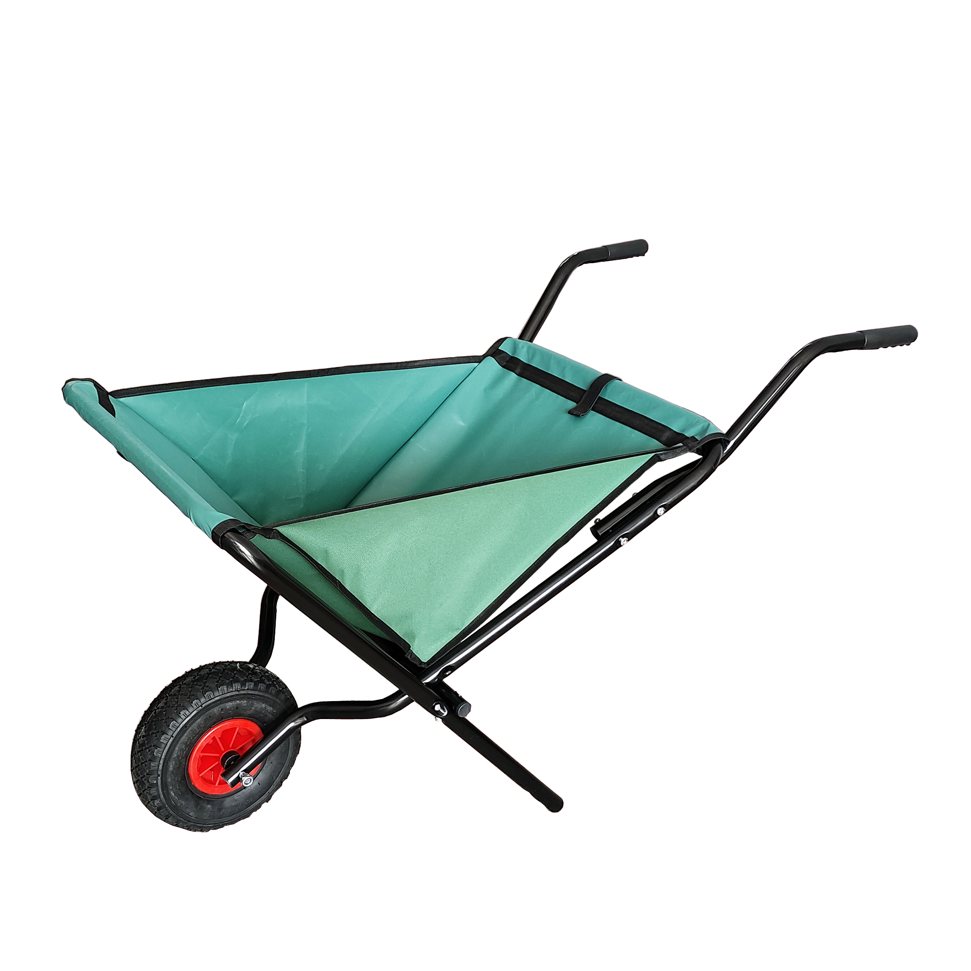Folding green garden cart with black steel frame