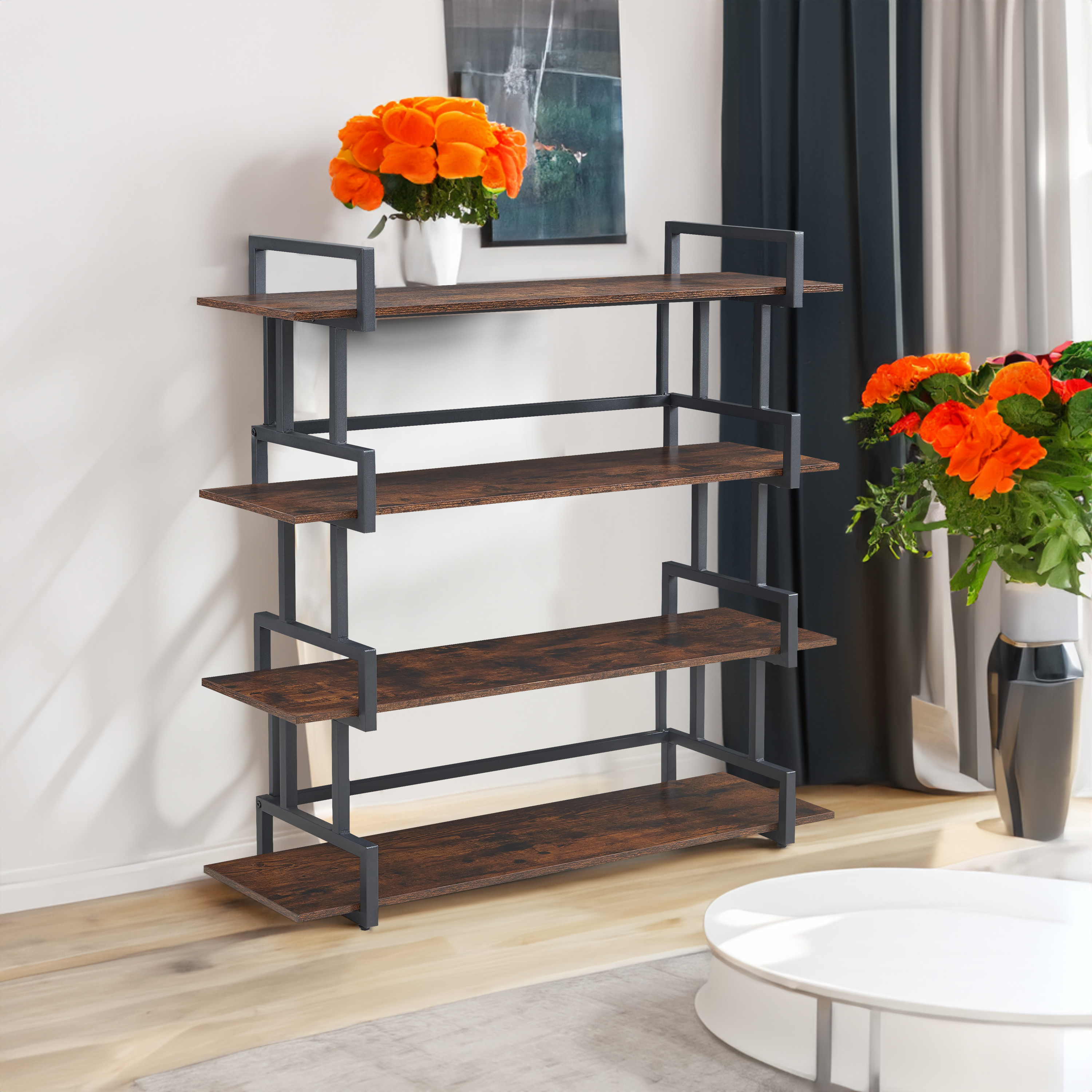 Finished room with industrial bookshelf beside orange flowers