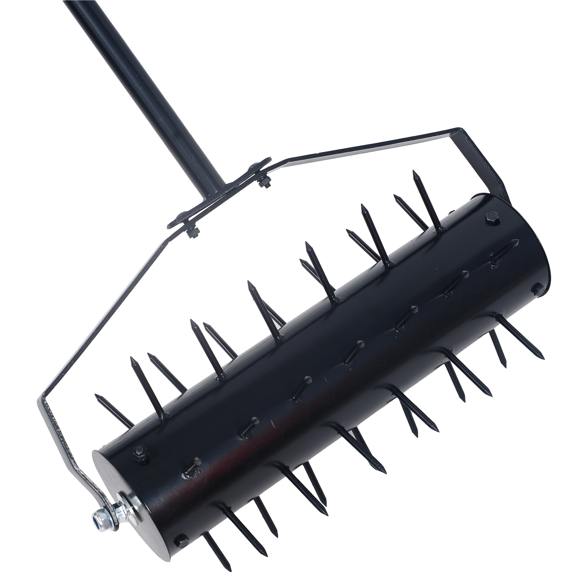 Rolling aerator showing long tubular steel push handle