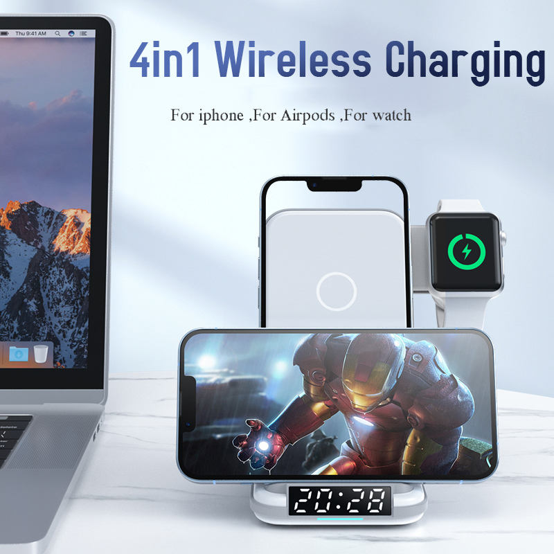 Private Four in One Wireless Charging Stand up Desktop Clock Wireless Charger Suitable for iPhone