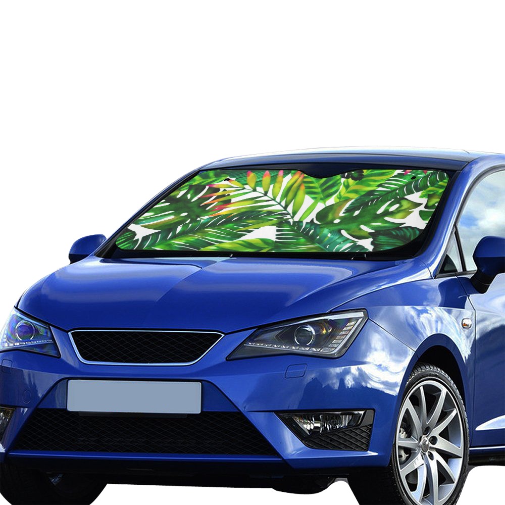 Blue car with Auto Sun Shade 55" x 29.53" installed, protecting from sun and heat.