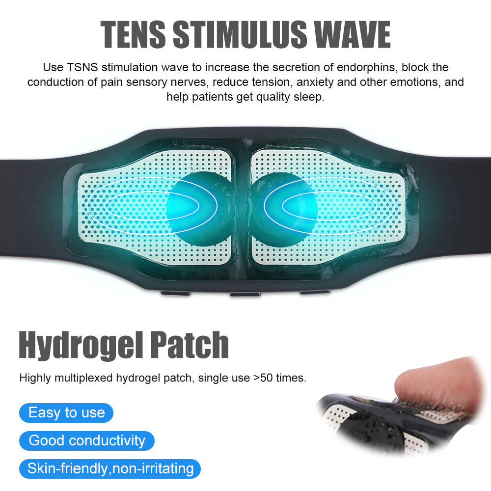 Close-up of EMS headband electrode pads with numerical display showing therapy progress