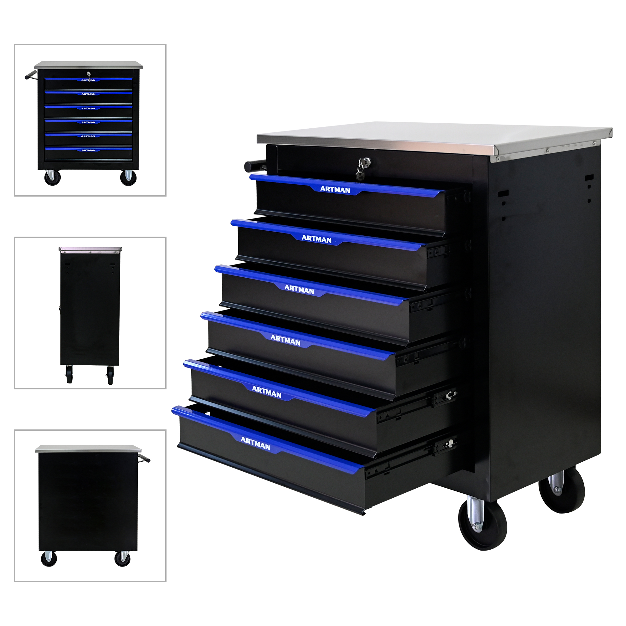Front view of the 7-drawer cart with side handle and casters