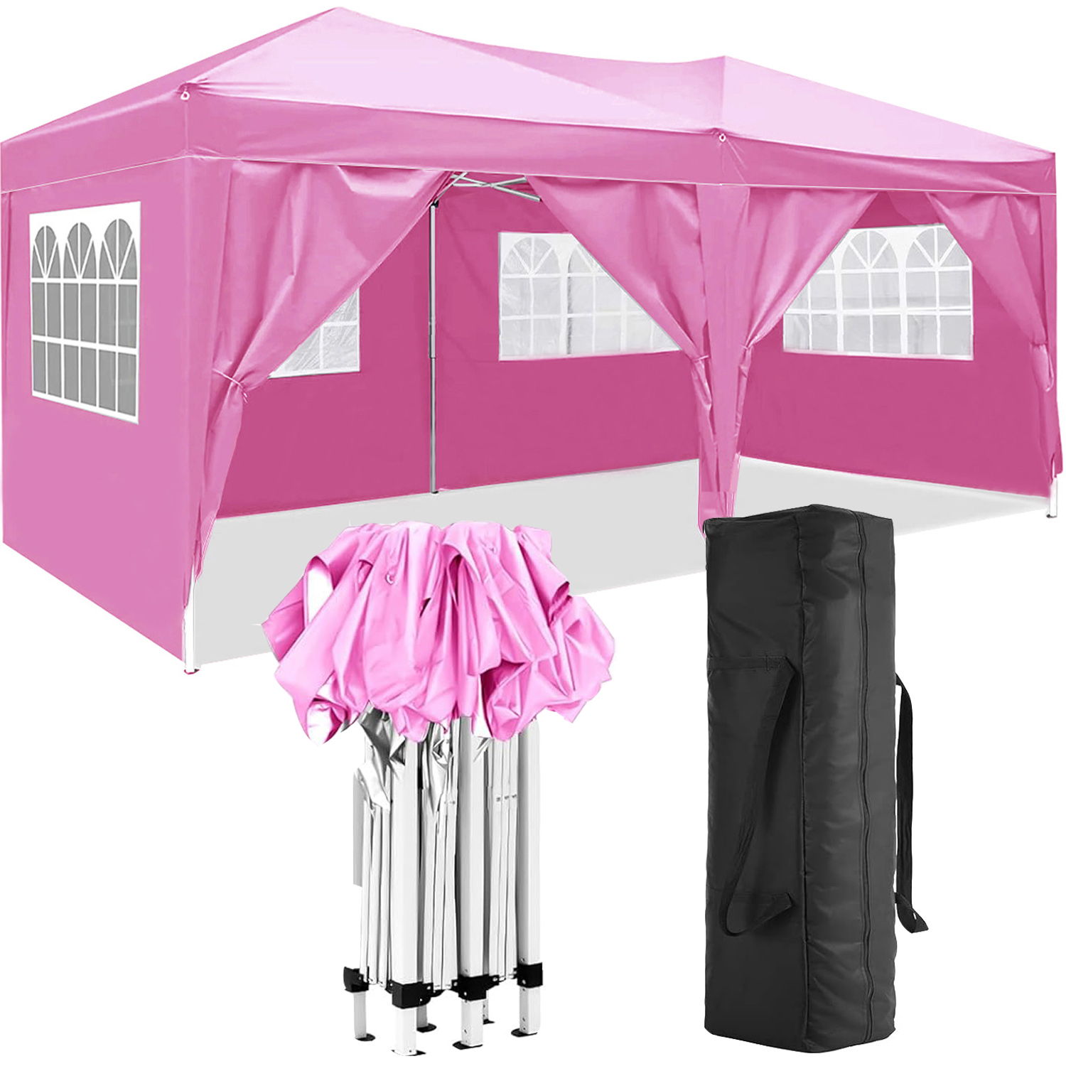 Pink canopy with windowed side walls next to folded frame