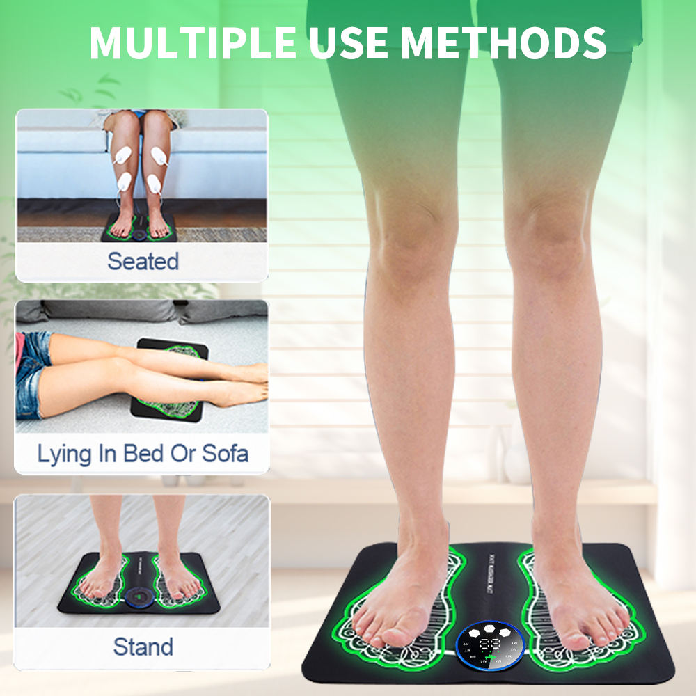 Person using foot massager mat while seated, lying, and standing