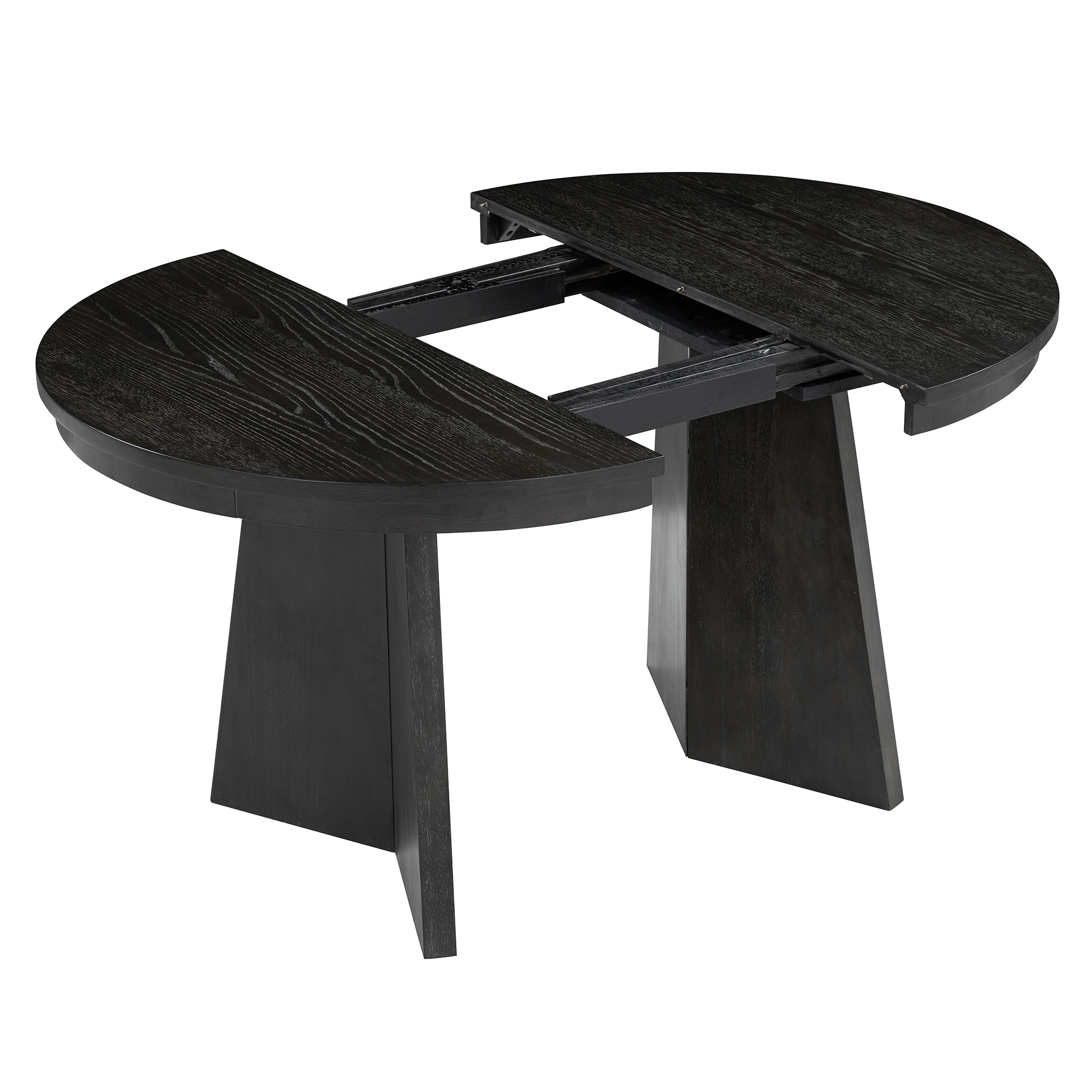 Round table with built-in leaf extended on slide rails