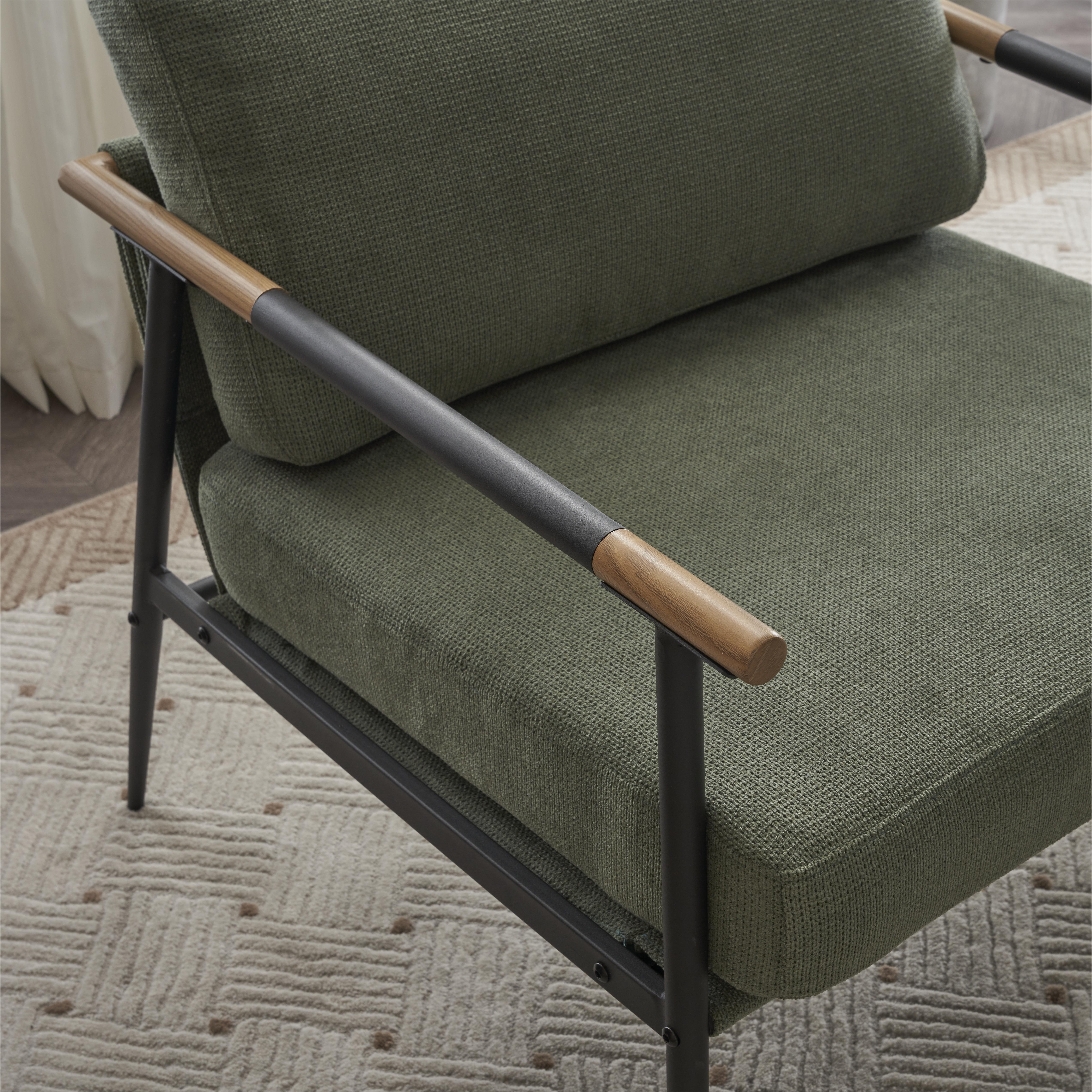 Wood-look armrest cap on black metal arm with chenille back