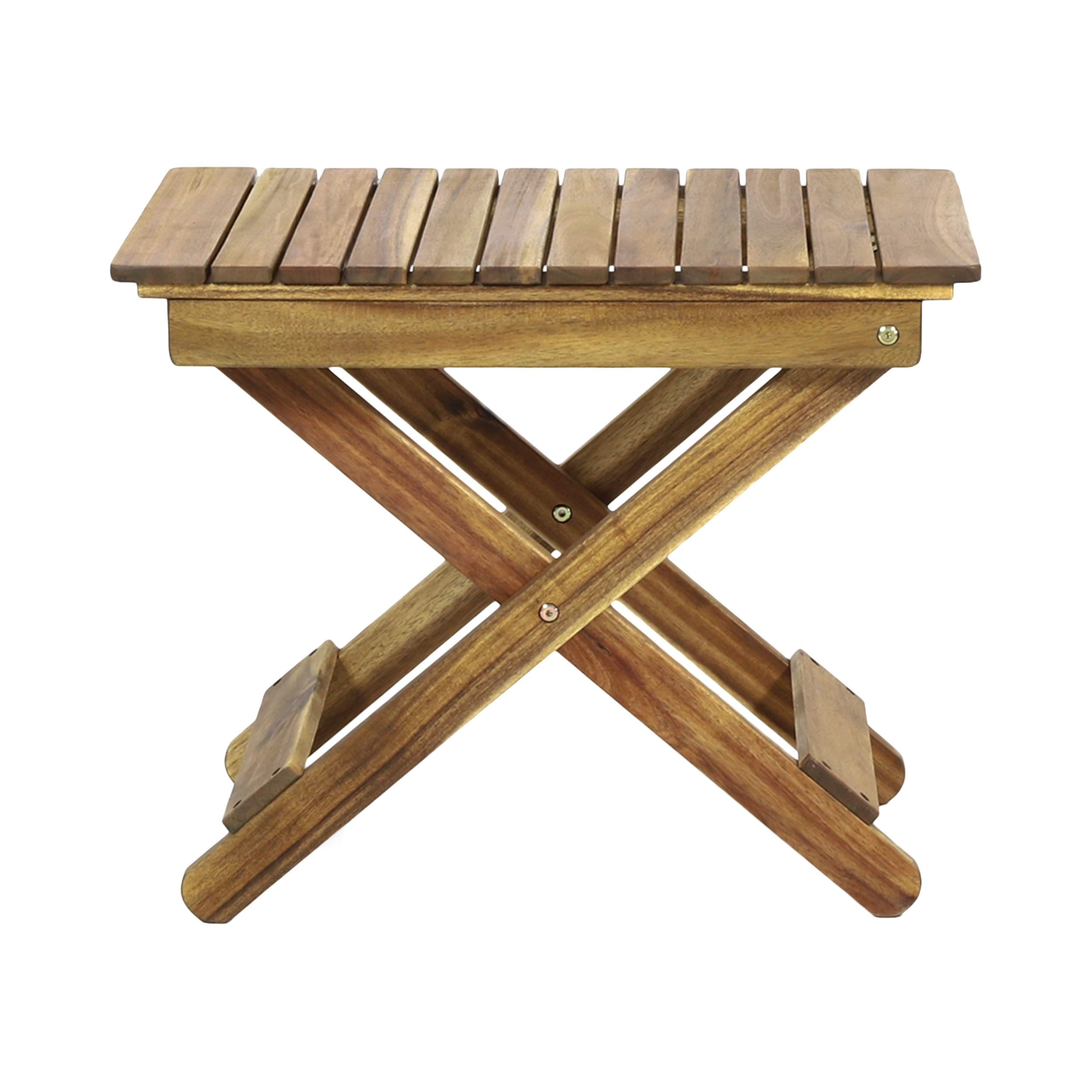 Front view of folding table with slatted top and X-frame legs