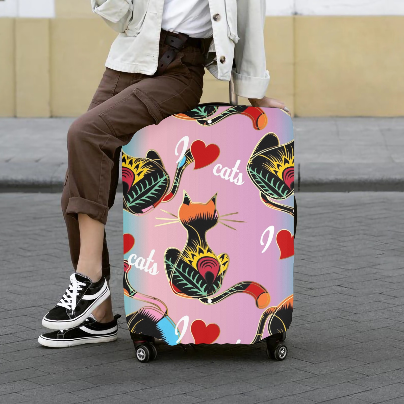 Cat and heart pattern luggage cover for 28-30 inch suitcases, travel protection.