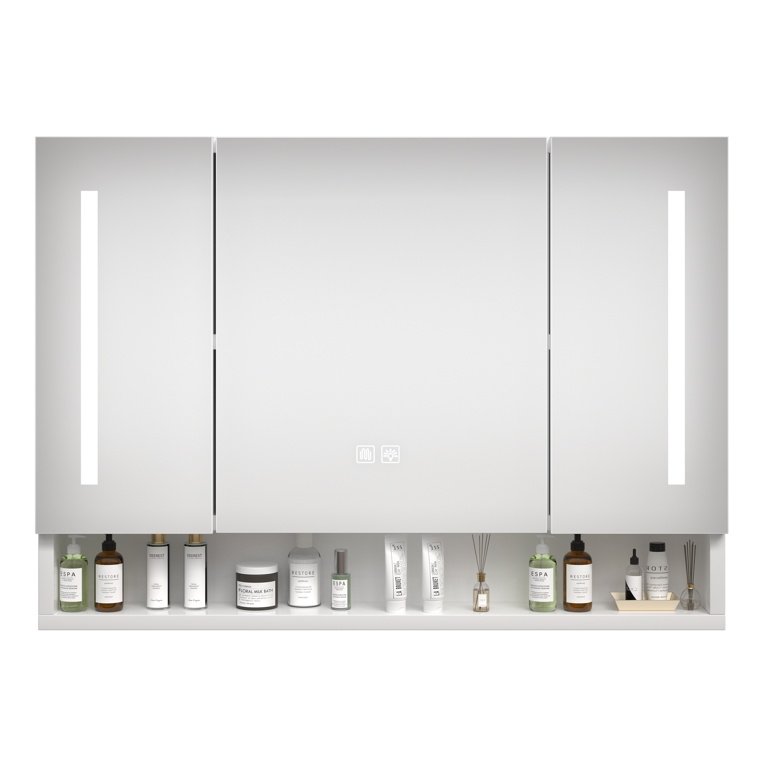 Front view of white three-door LED mirror cabinet with open shelf