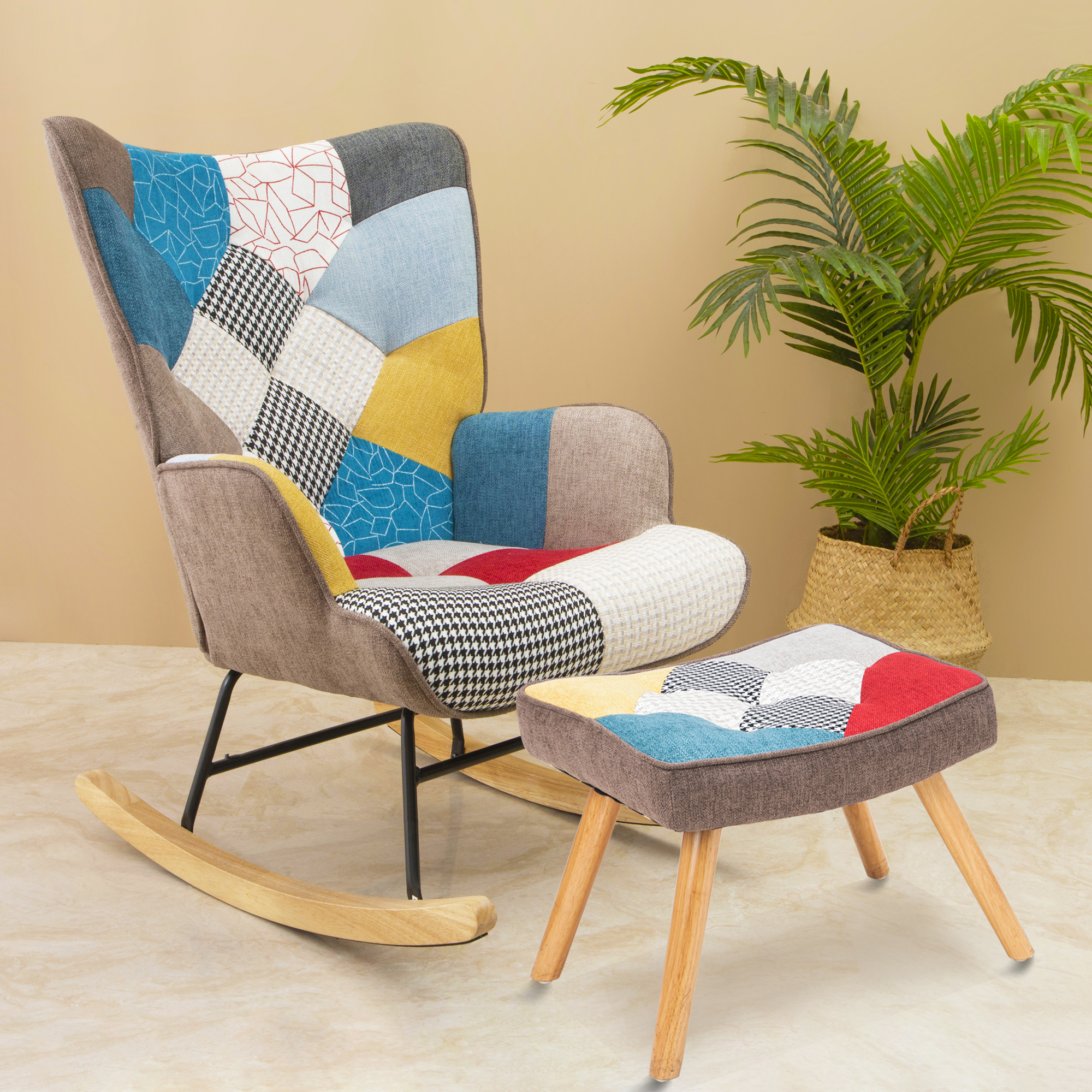 Patchwork rocker and matching footstool beside warm-toned decor