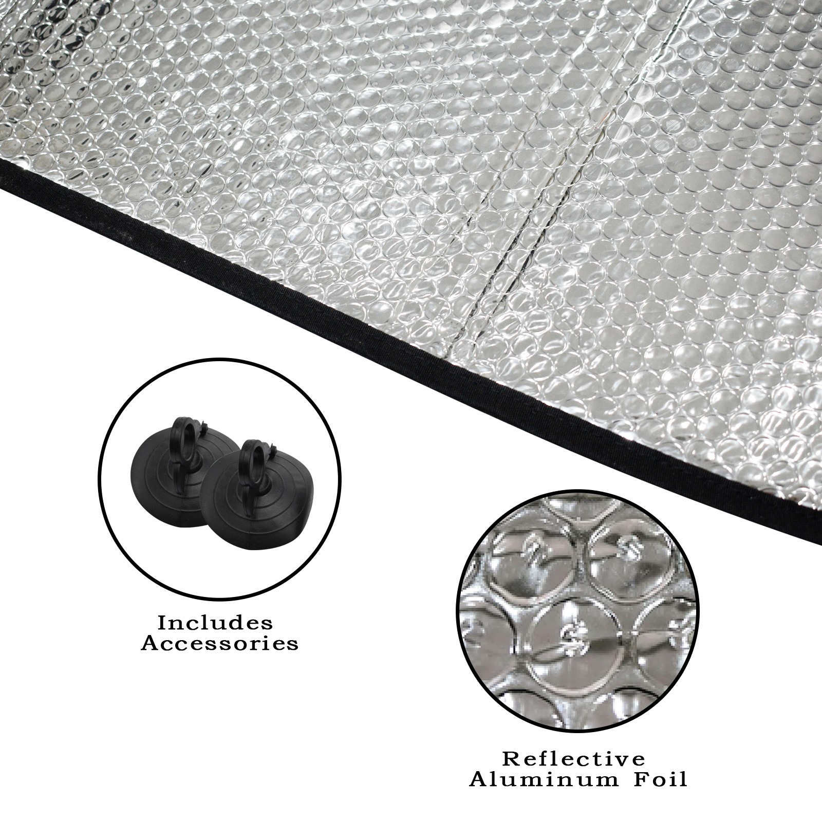 Car windshield sun shade with reflective surface and suction cups, 57.6" x 27.6", UV protection