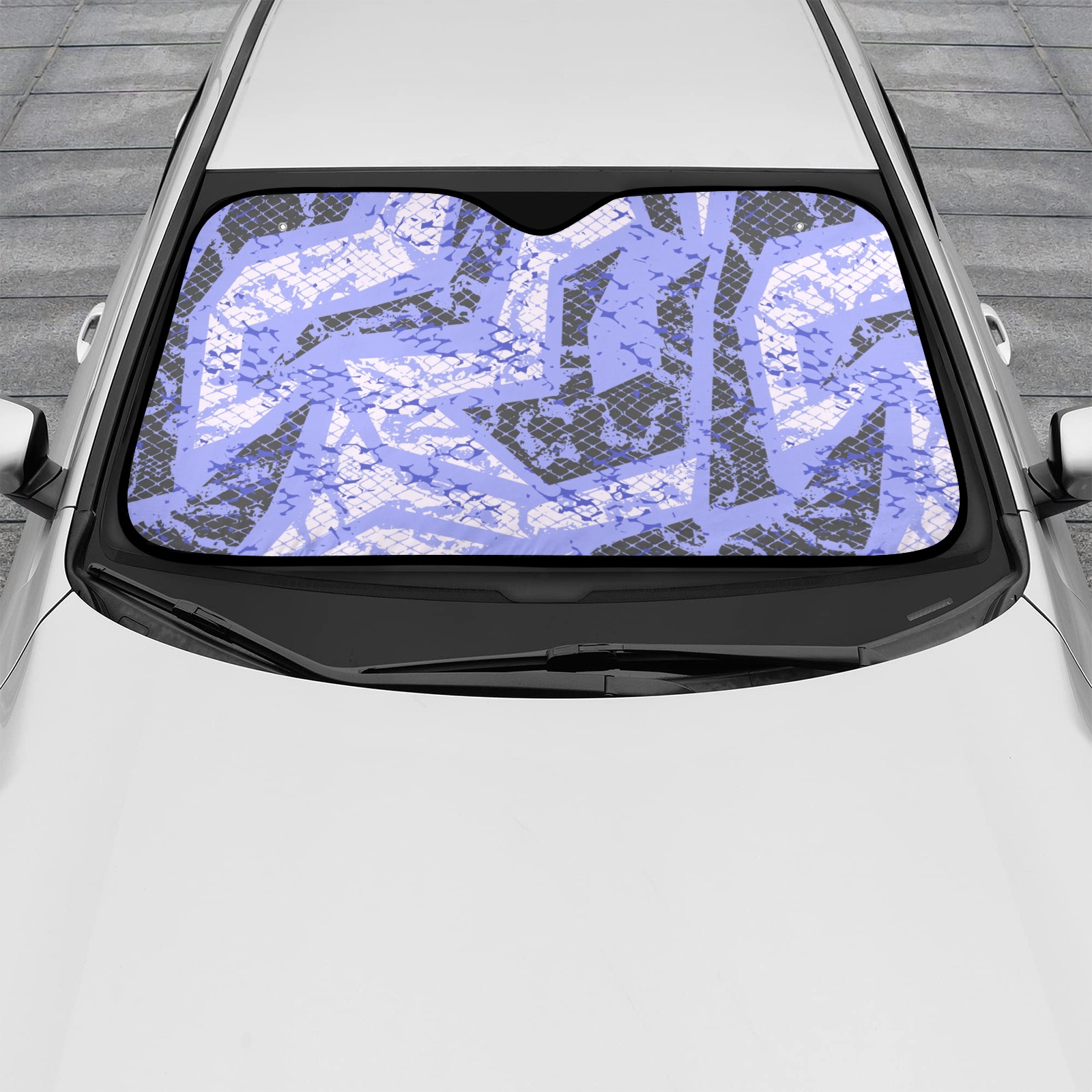 Purple patterned car sun shade protecting car interior, 51.6" x 27.6" size
