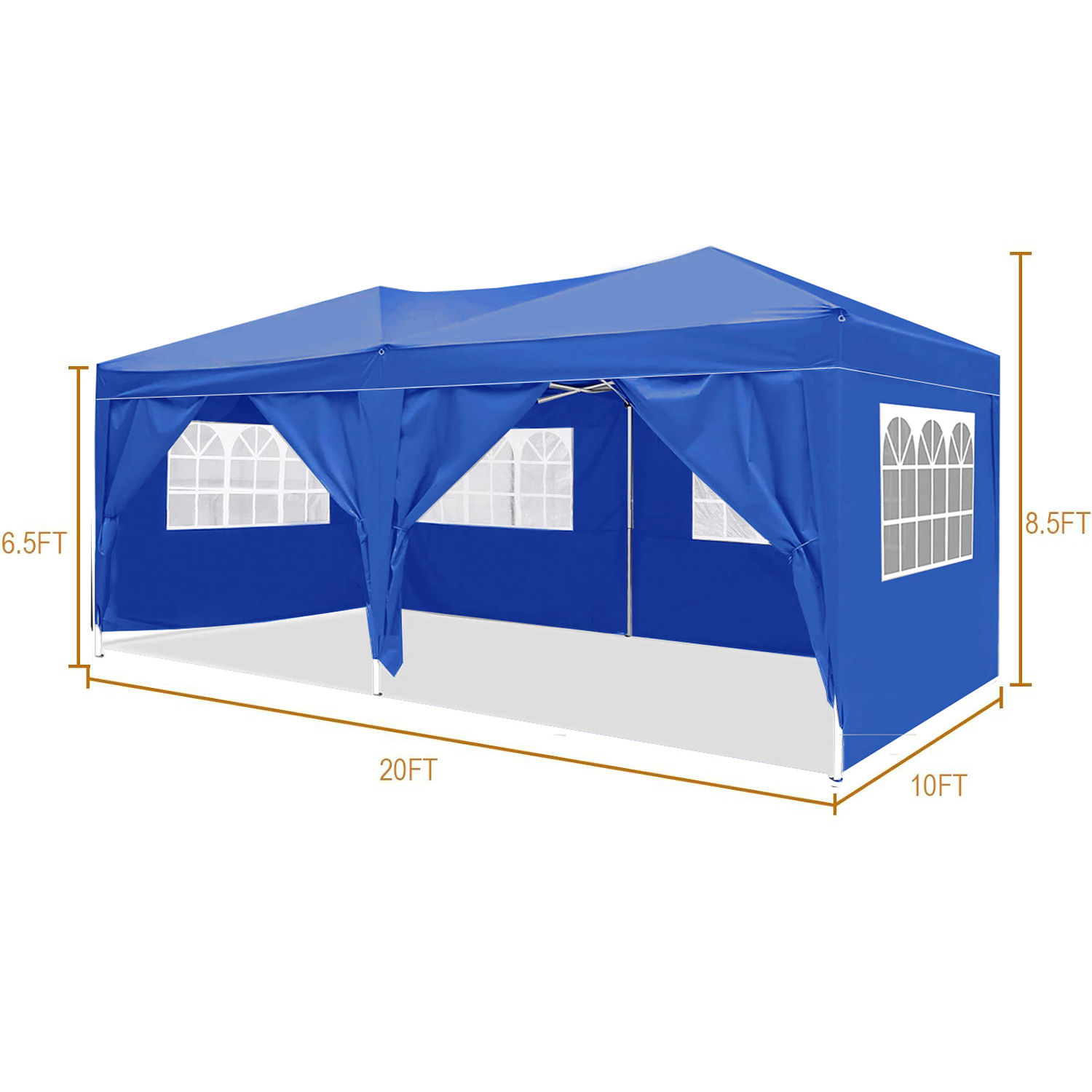 Blue canopy with arched mesh window side walls and dimension callouts