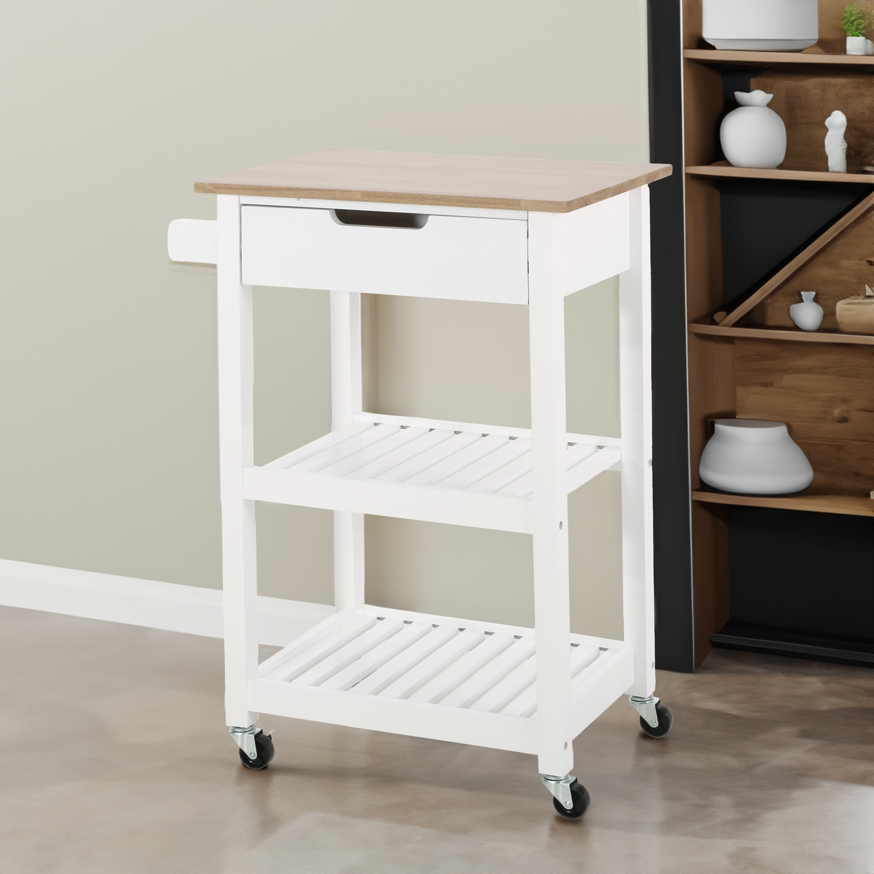 White cart with wood top styled in a neutral room
