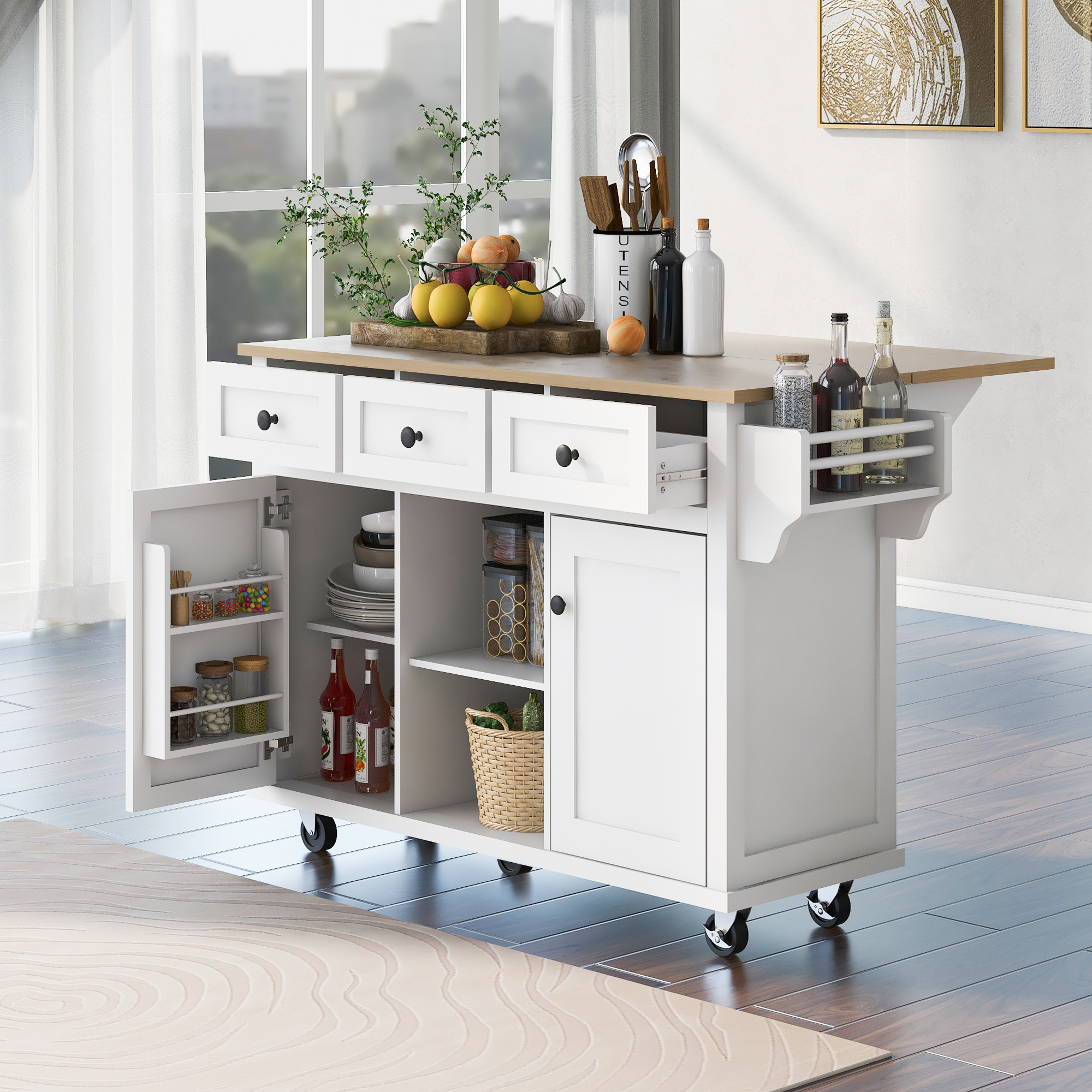 White kitchen island cart in bright kitchen with fruit on top
