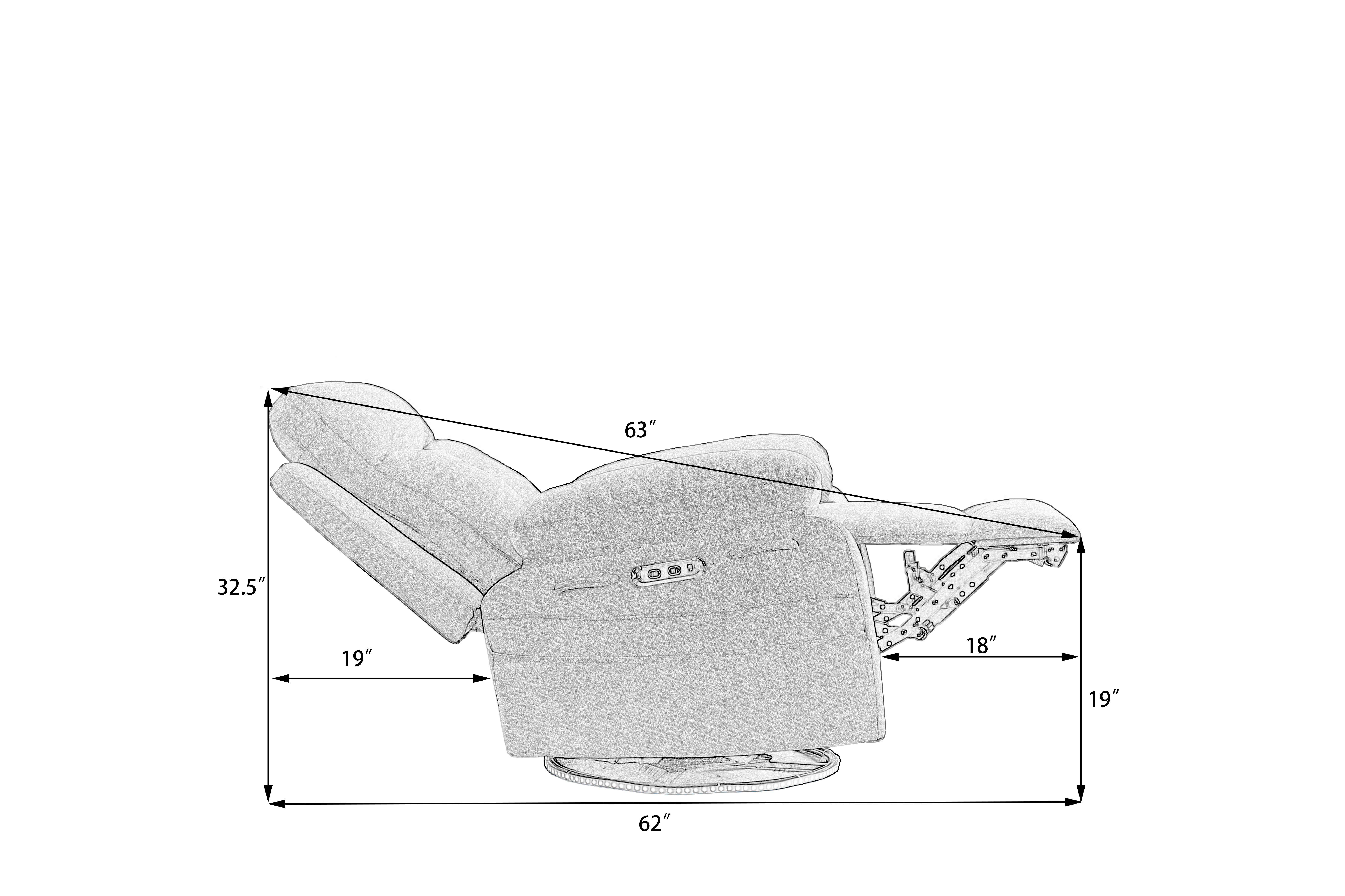 Recliner fully reclined with footrest extended and dimension callouts