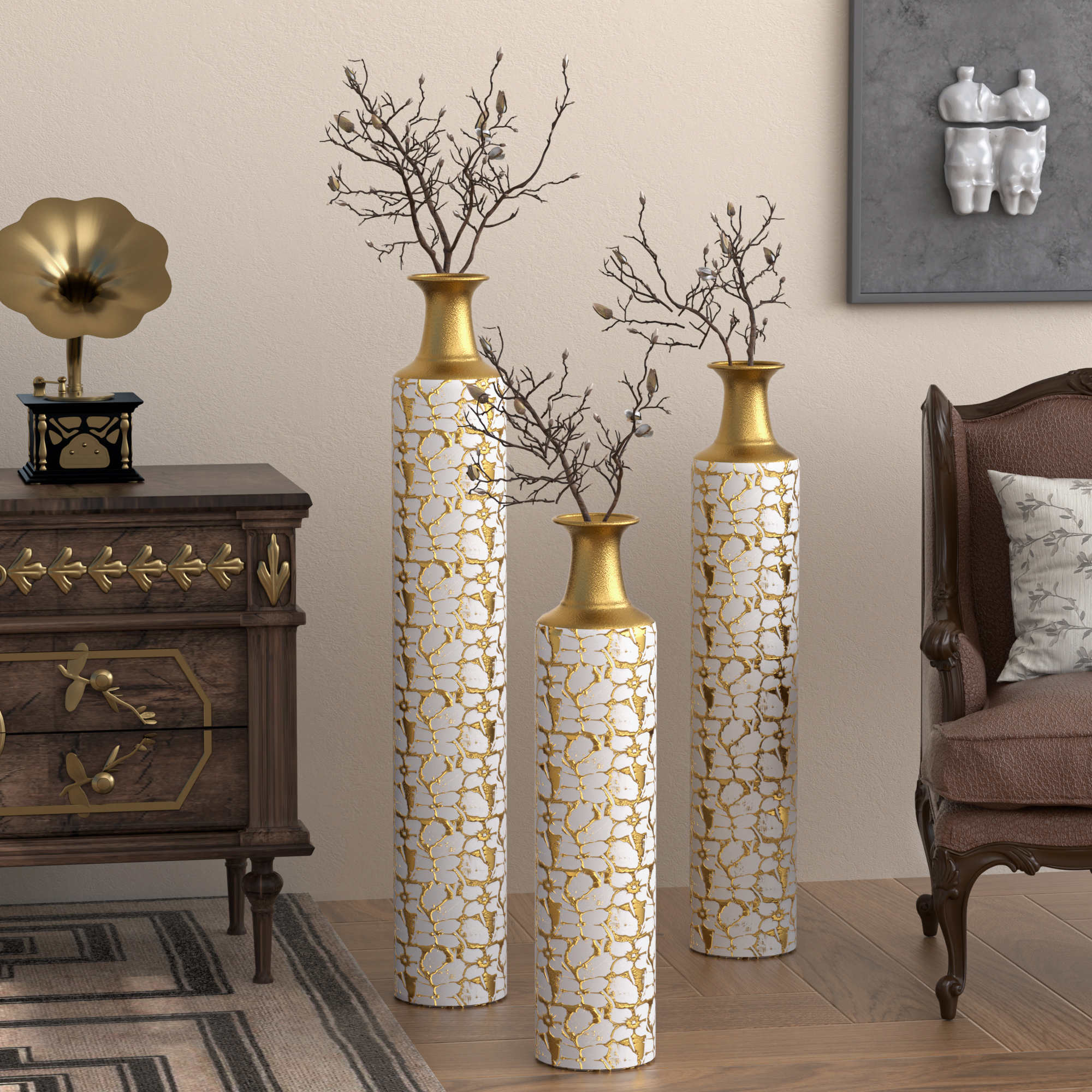Floor vases standing in a room corner