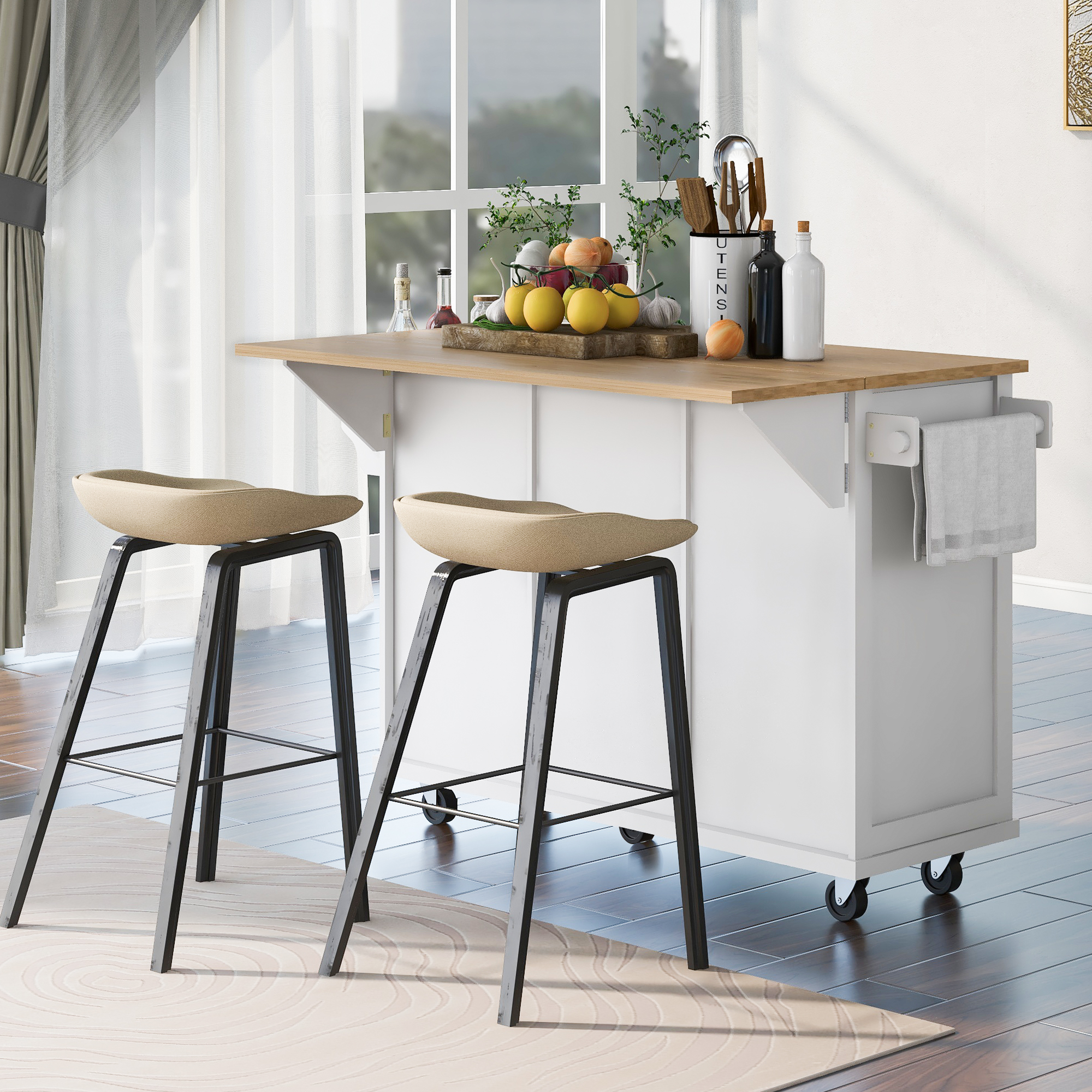 Drop-leaf rubber wood top extended beside two bar stools