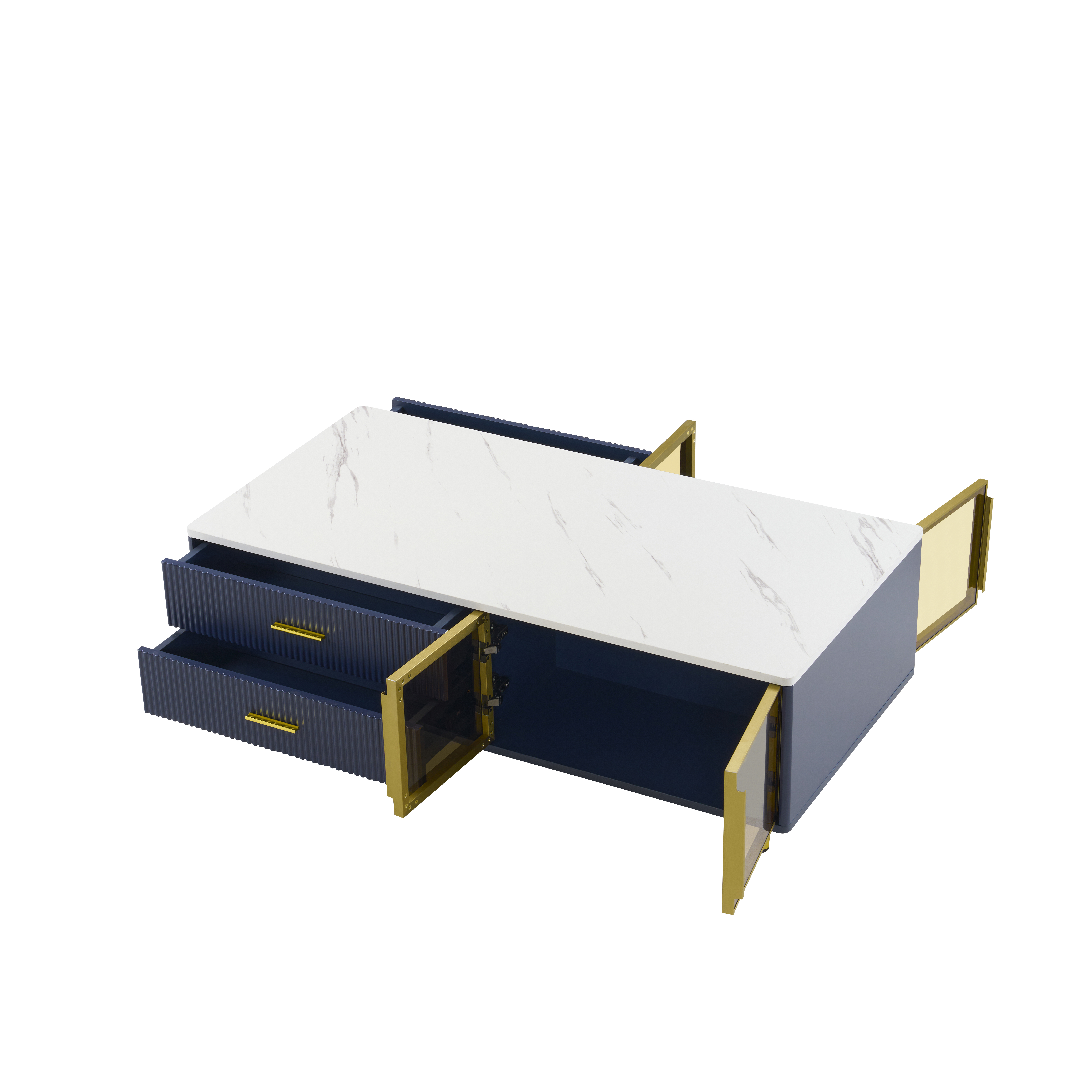 Fluted navy drawer front with gold handle detail