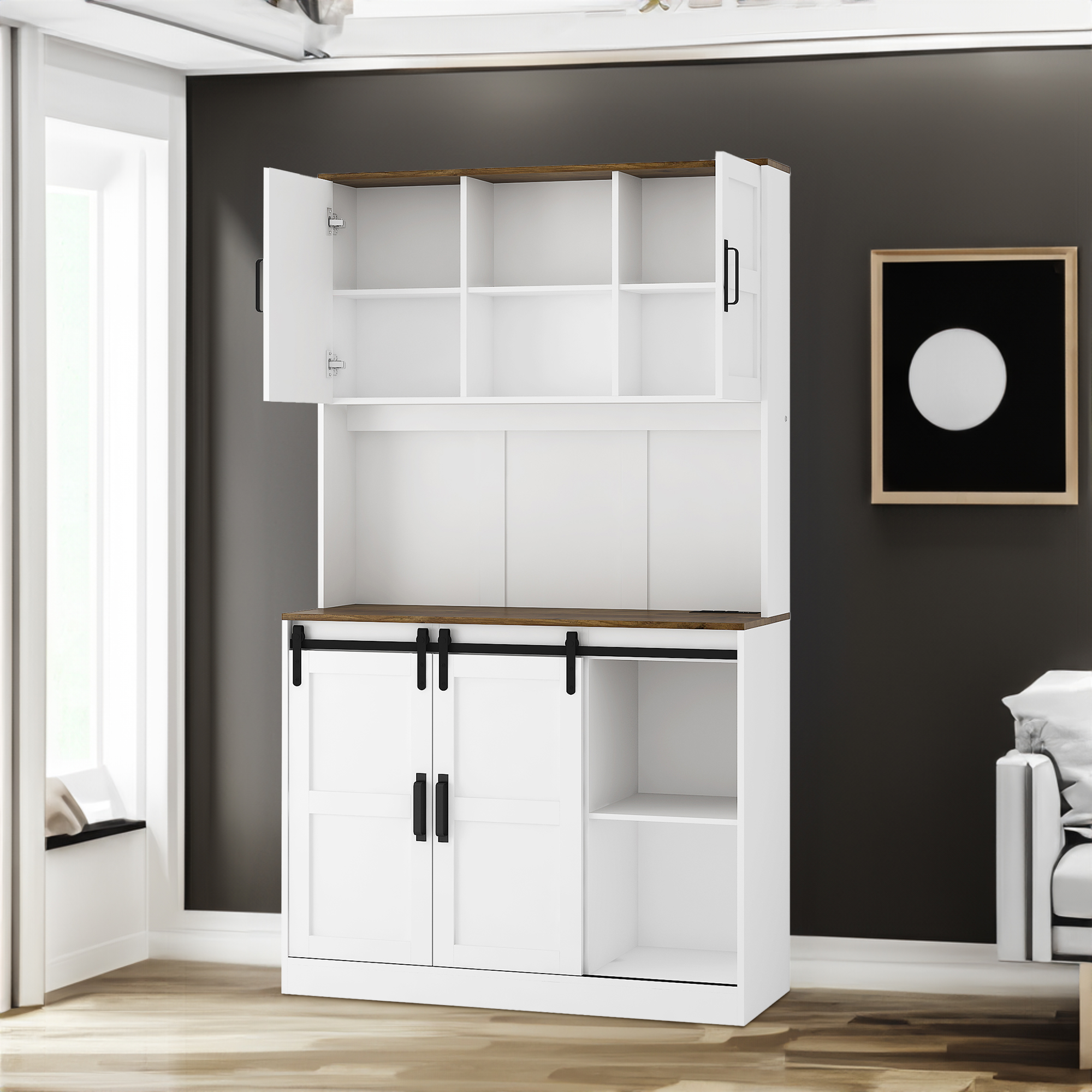 White farmhouse buffet with hutch in a styled room