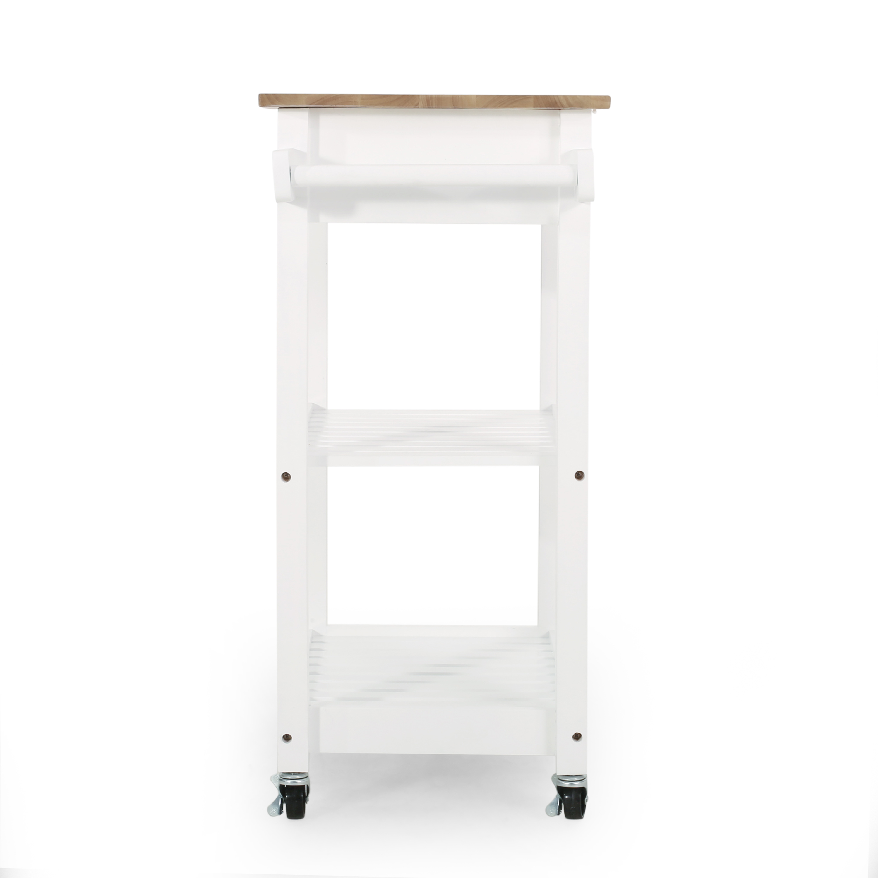Natural oak-toned wood top of the kitchen cart