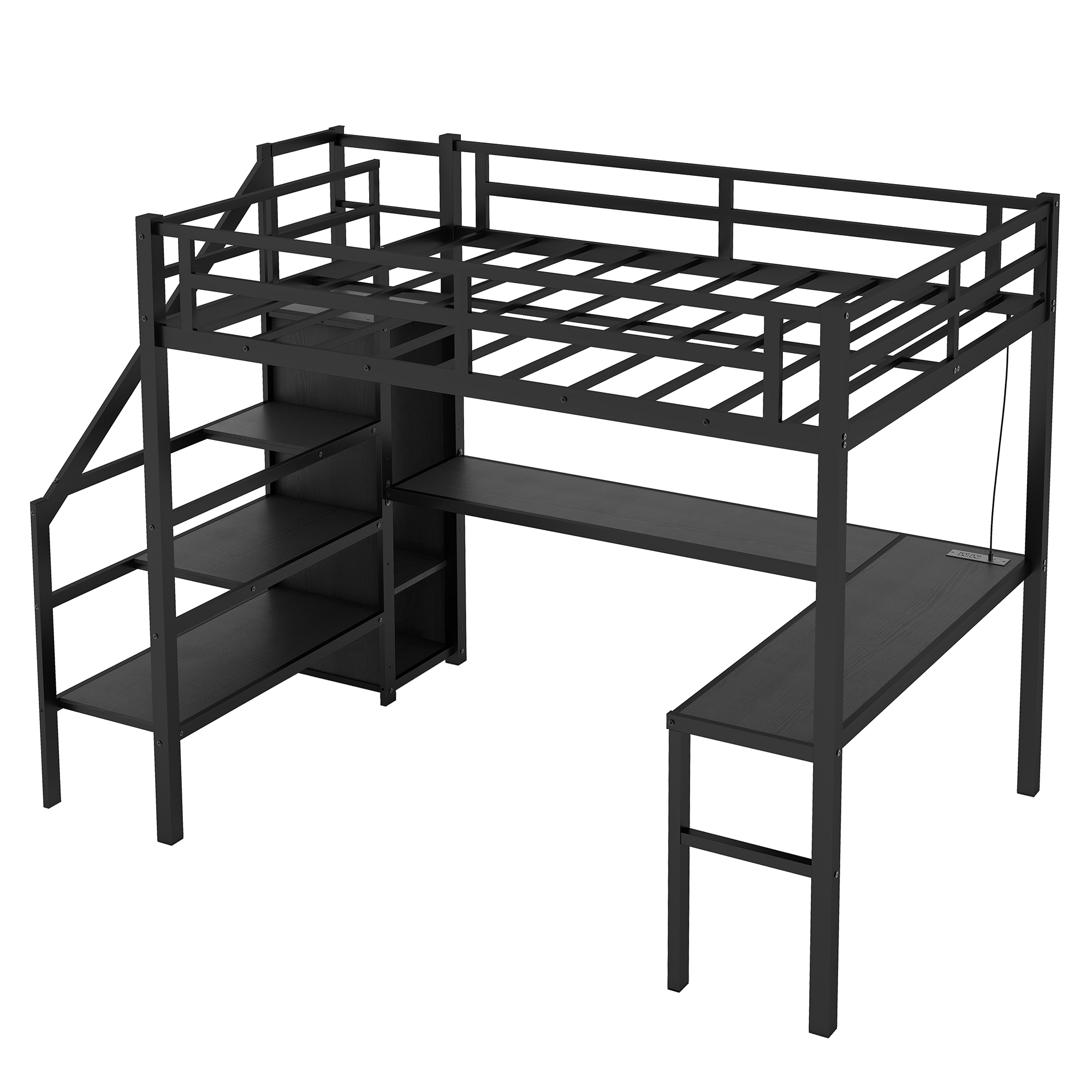 Loft bed with desk and shelves showing compact room layout