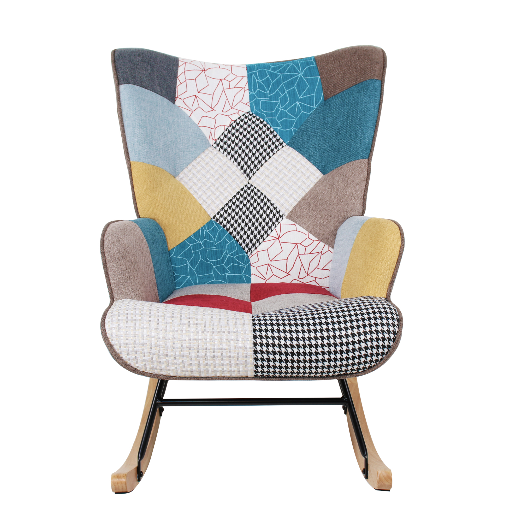Front view of patchwork rocking chair showing mixed fabric panels