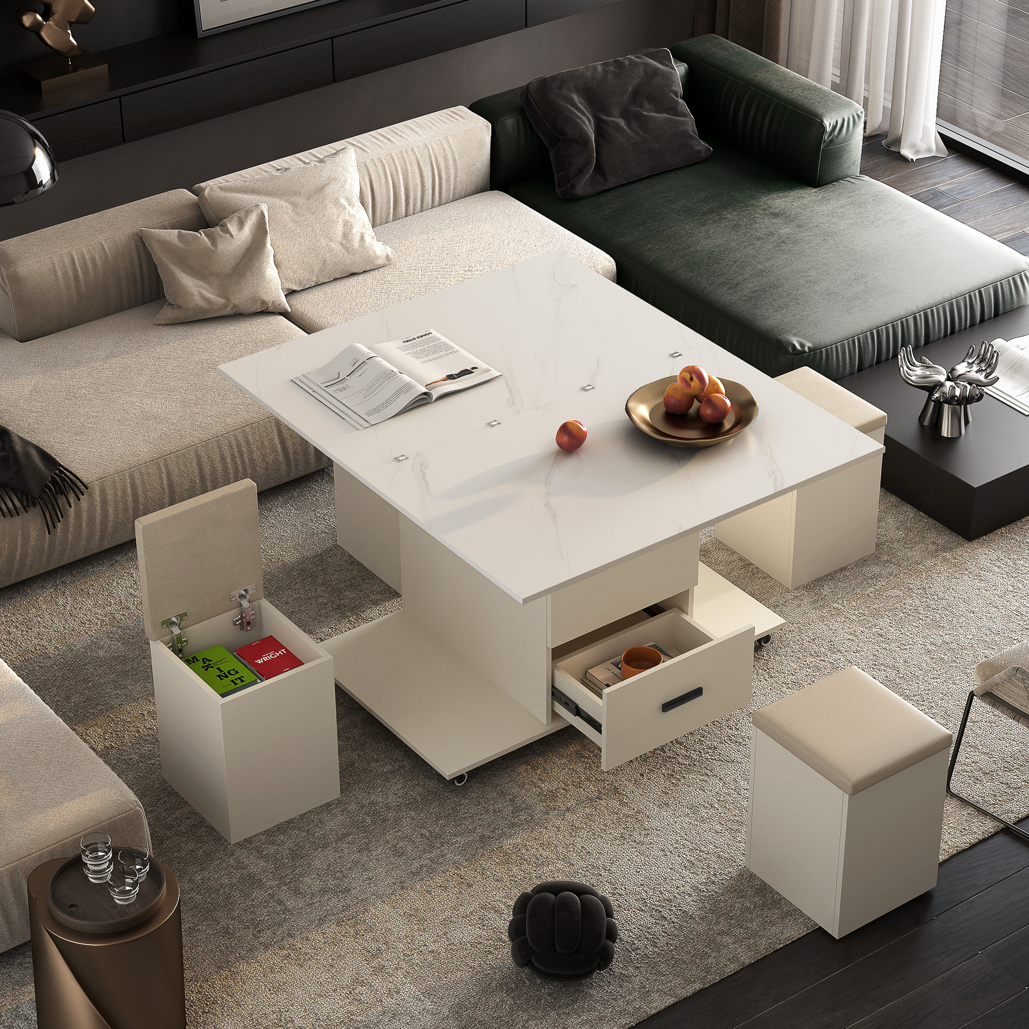 Coffee table raised to dining height with seat lids and drawers open