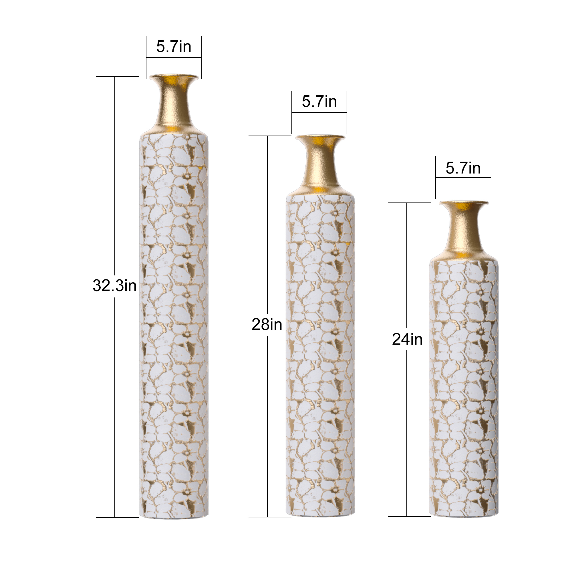 Dimension diagram of three vases at 32.3, 28 and 24 inches
