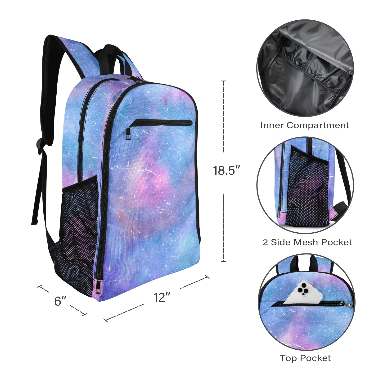 Galaxy pattern backpack, front pocket, side pockets, adjustable straps, ideal for school and travel.