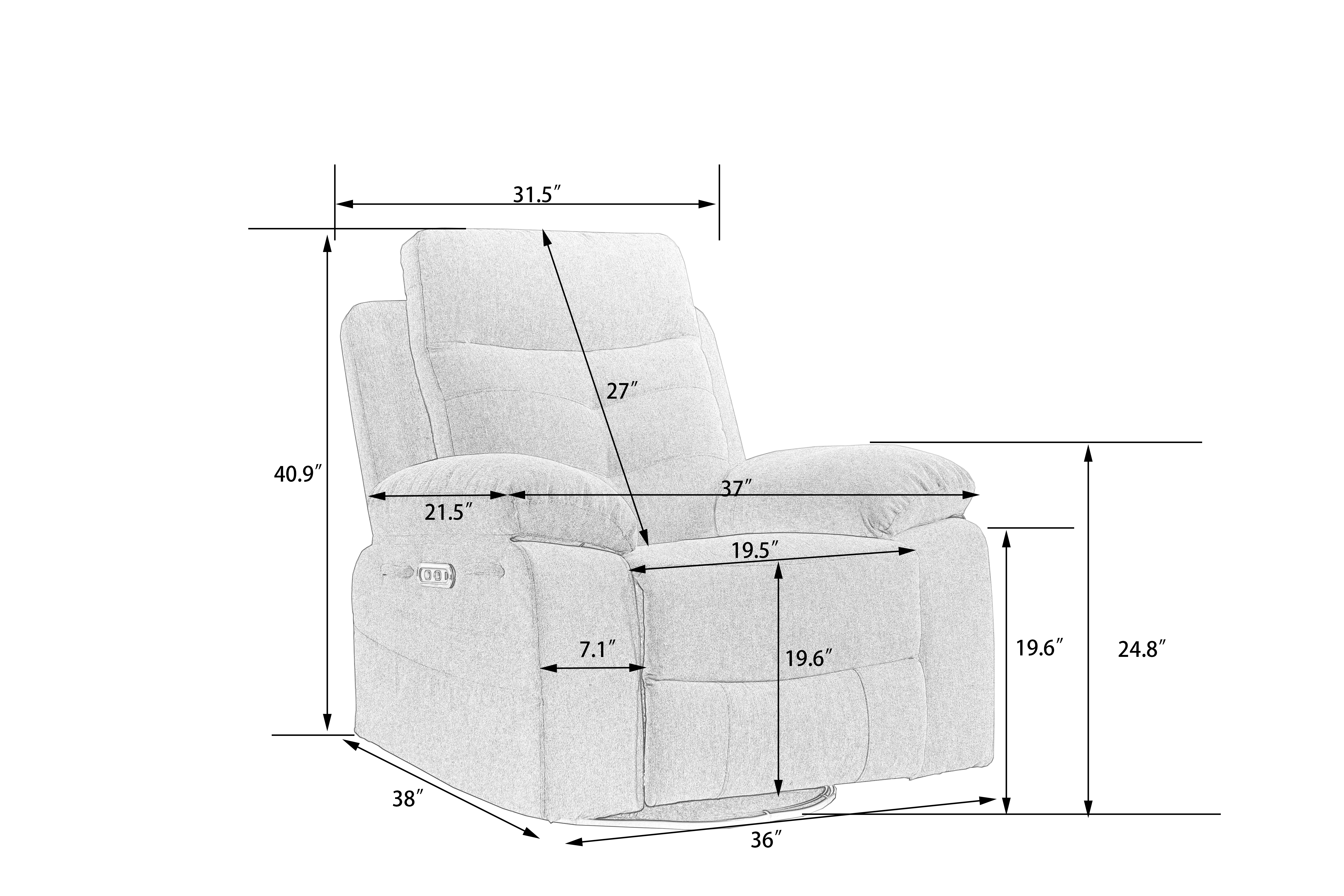 Recliner side panel with USB-C port and seat dimensions