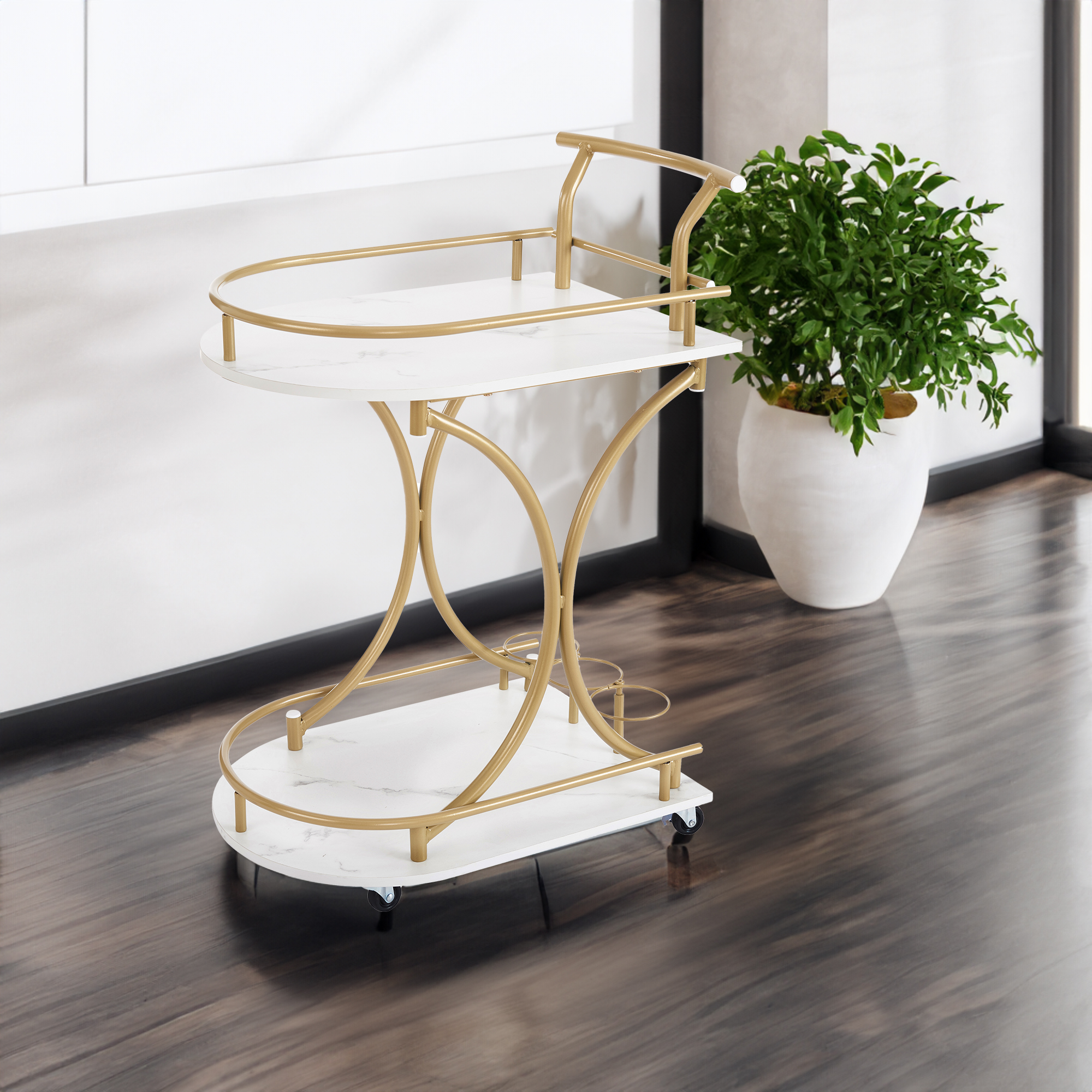 Gold and white bar cart beside a white planter in a bright modern room