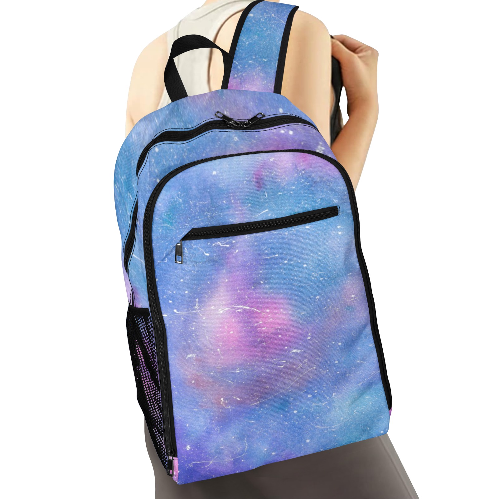 All Over Print Leisure Sports Backpack featuring a blue galaxy pattern, durable and stylish, perfect for school or travel.