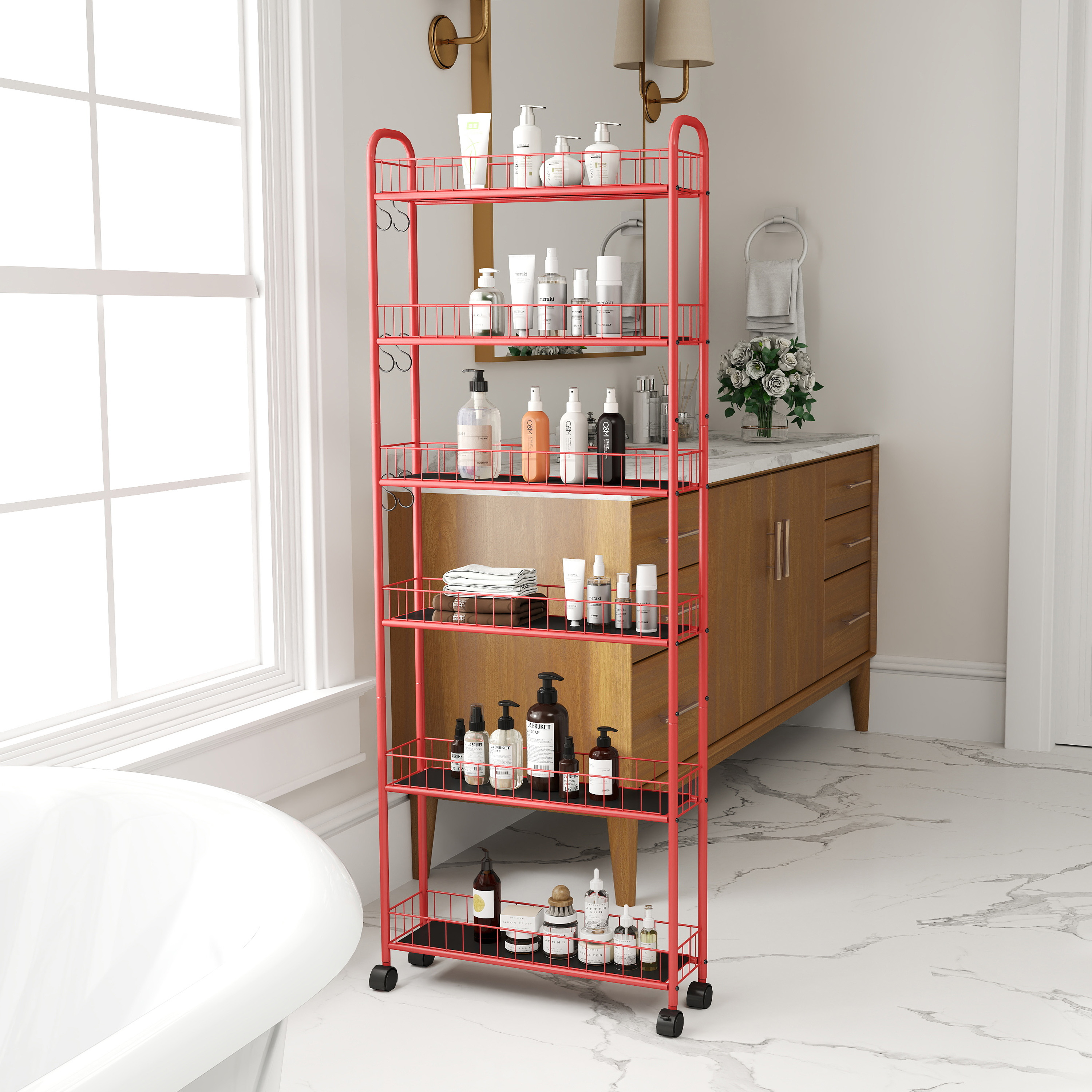 Cart baskets loaded with jars and toiletries beside a wooden vanity