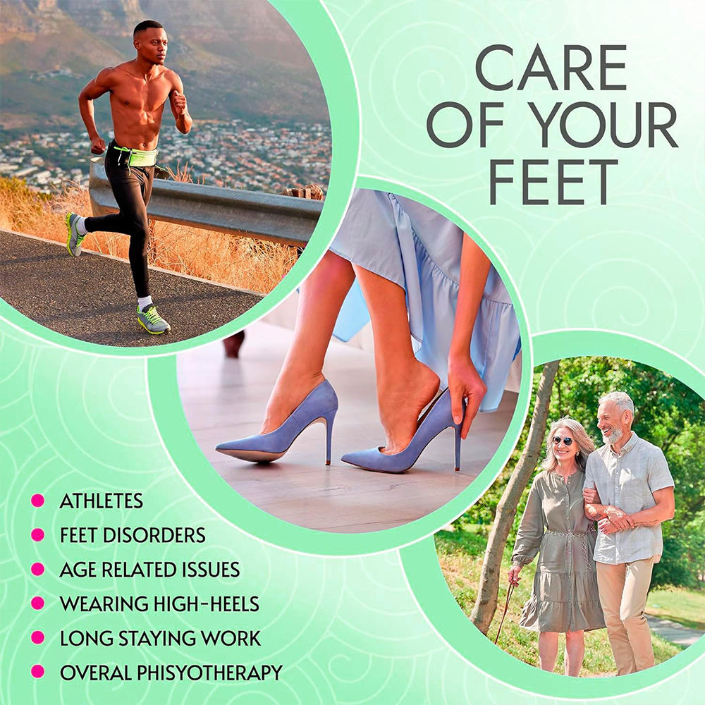 Collage of people with foot pain: runner, woman in heels, older couple walking