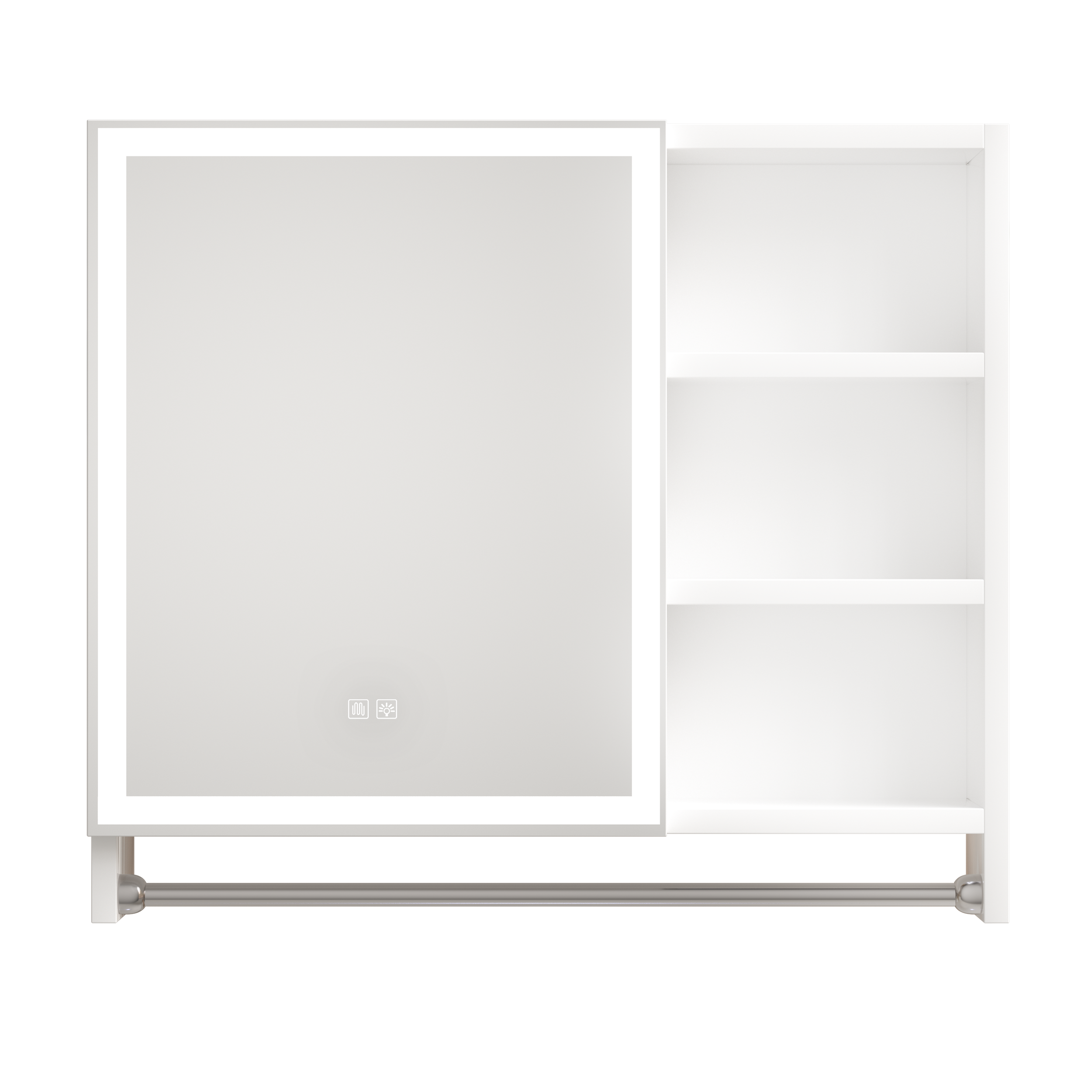White wall cabinet with backlit mirror door open to shelves