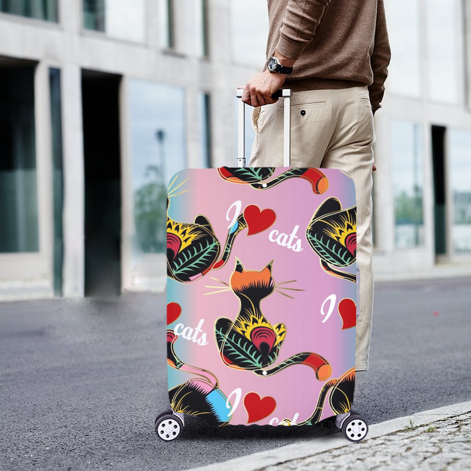 Custom luggage cover for 28-30 inch suitcases with cat and heart pattern