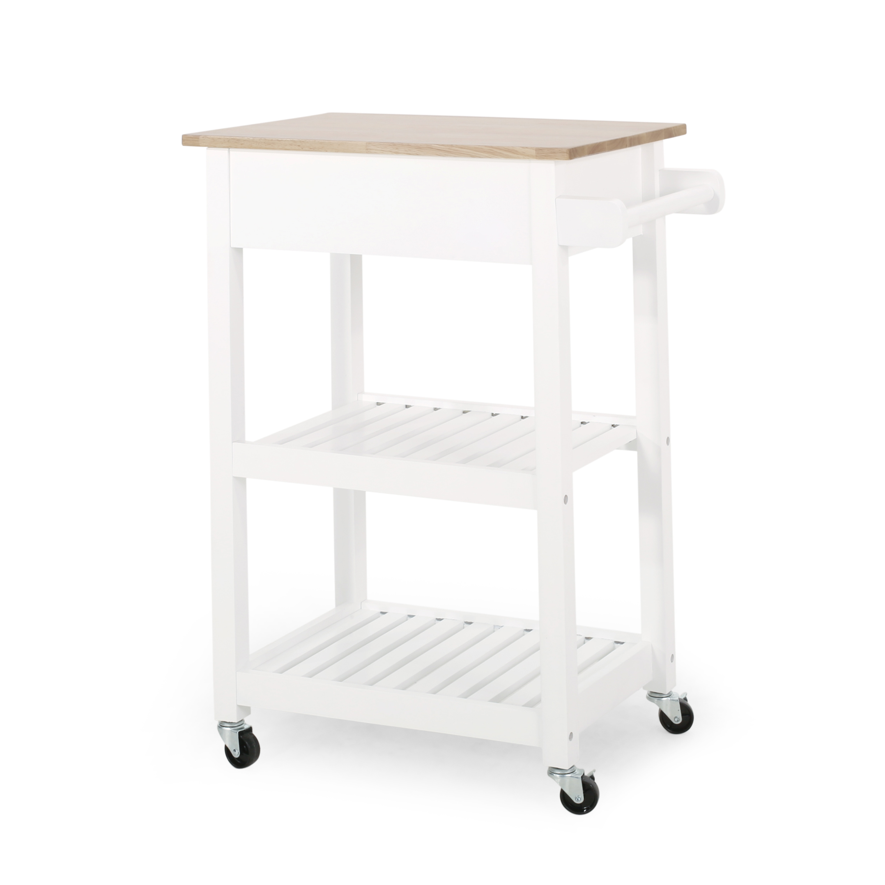 Side view showing towel bar and swivel casters