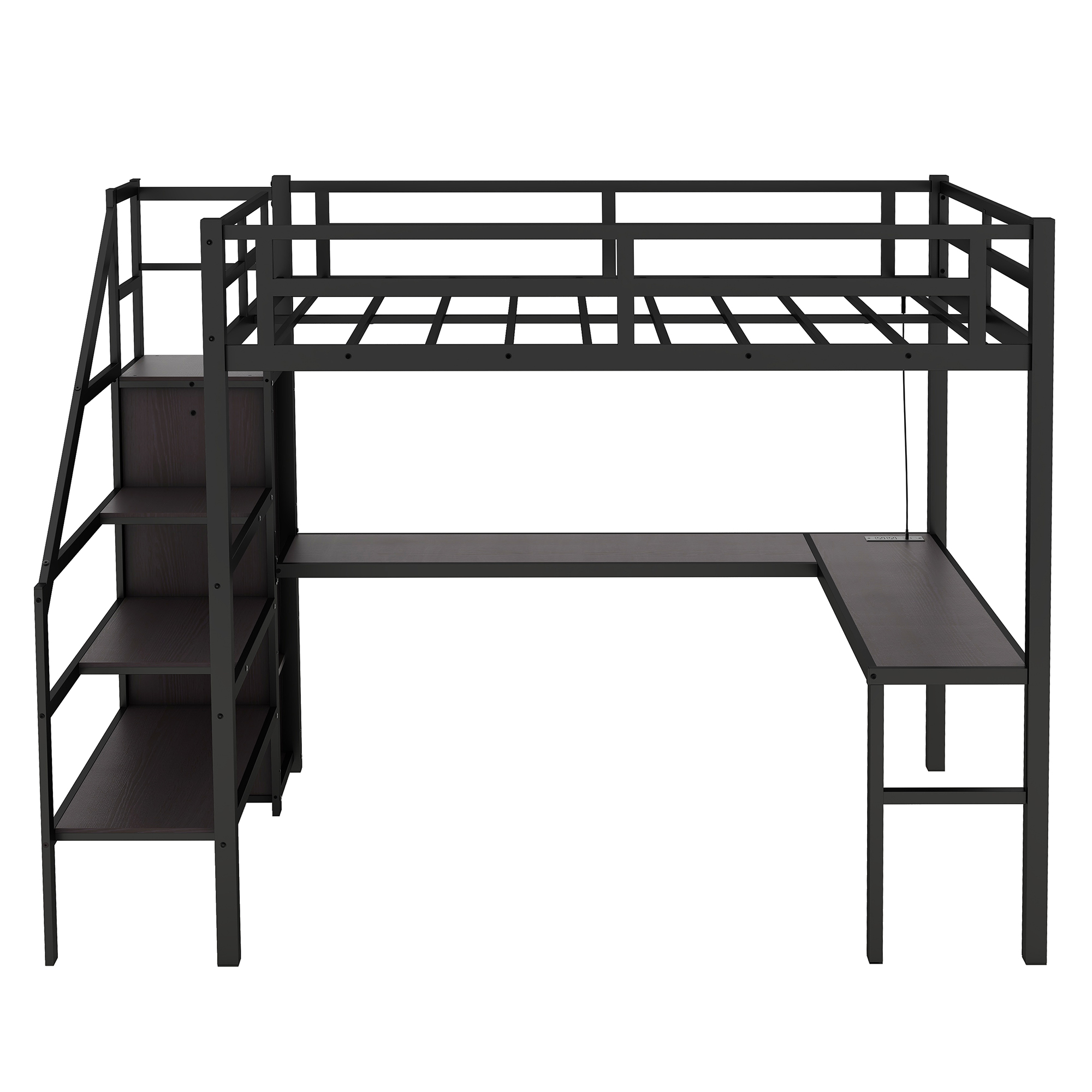 Black metal loft bed raised above desk and storage cabinet