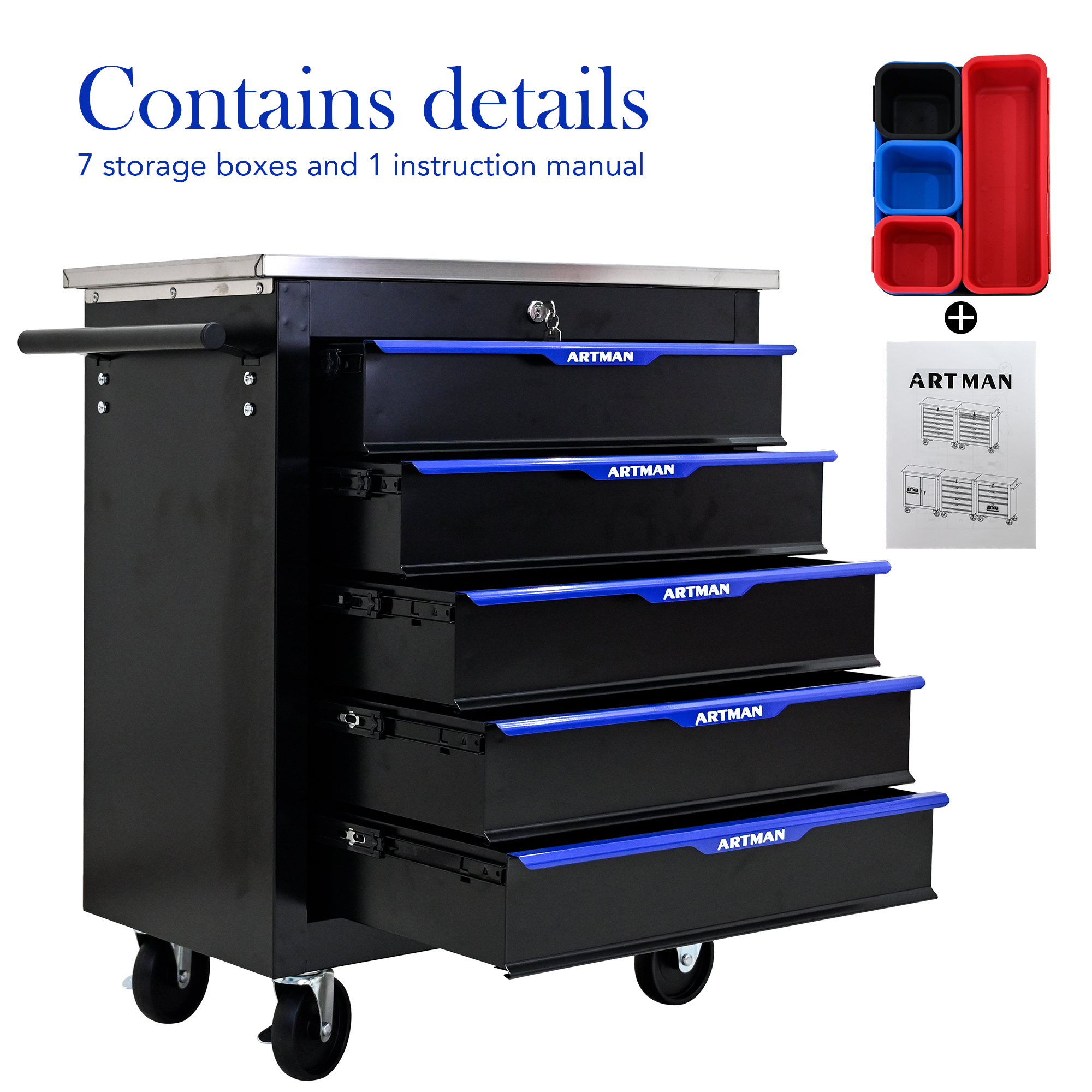 Tool cart drawers open with storage trays and manual
