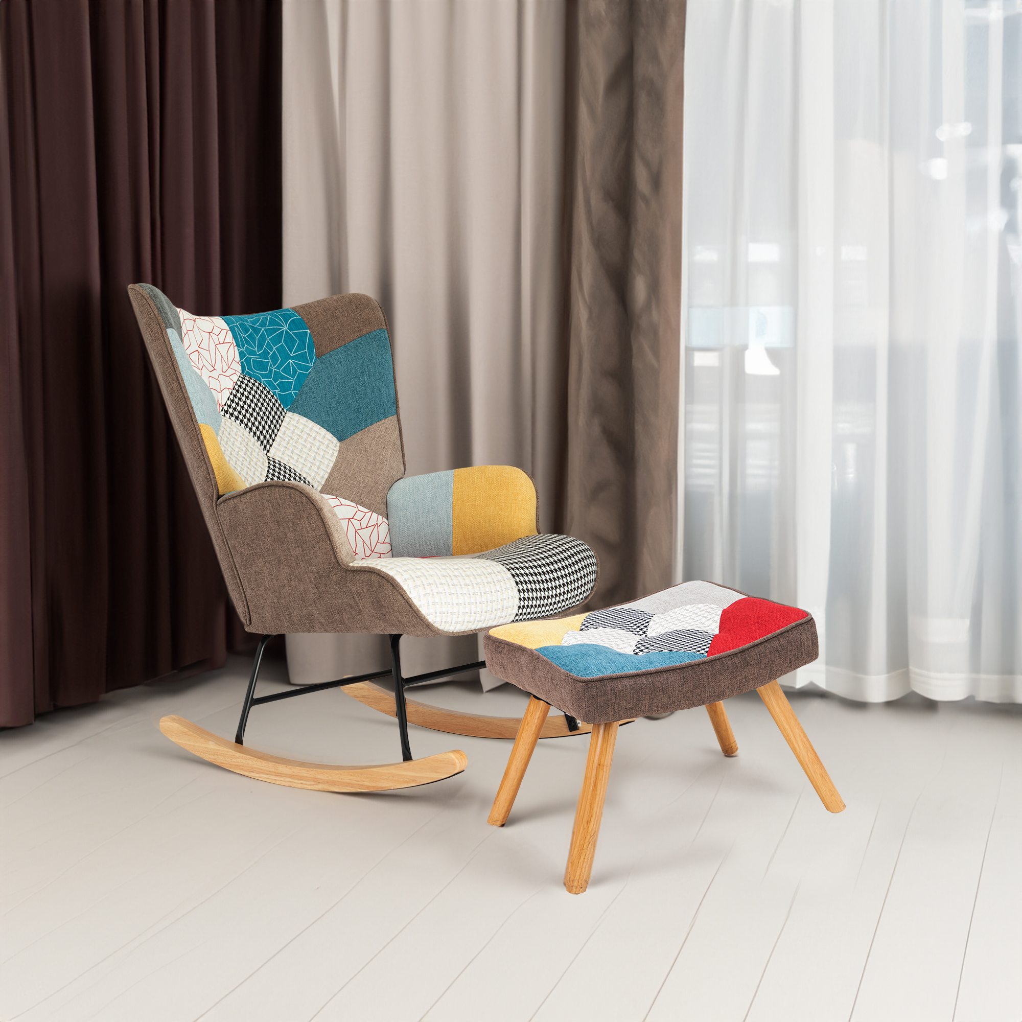 Patchwork rocking chair and footstool in a bright room