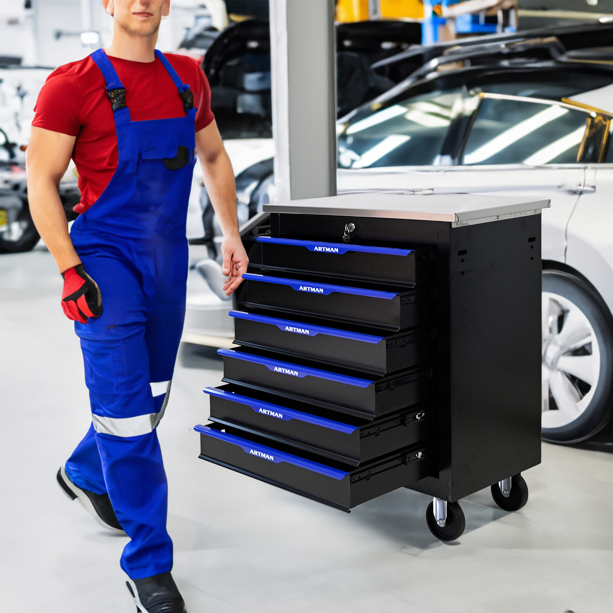 Mechanic walking beside a black blue-trimmed tool cart in a repair shop