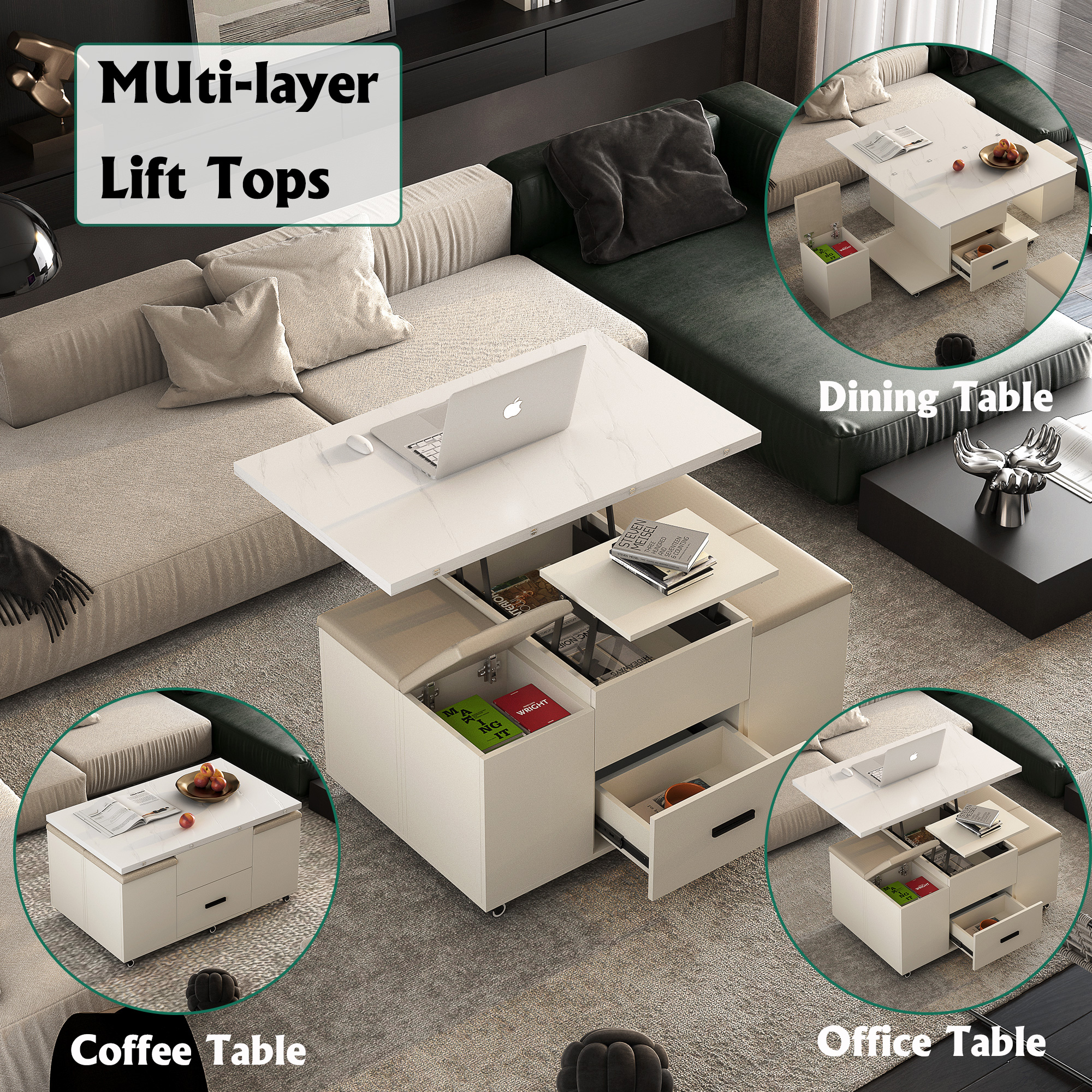 Cream coffee table in a tidy small living room