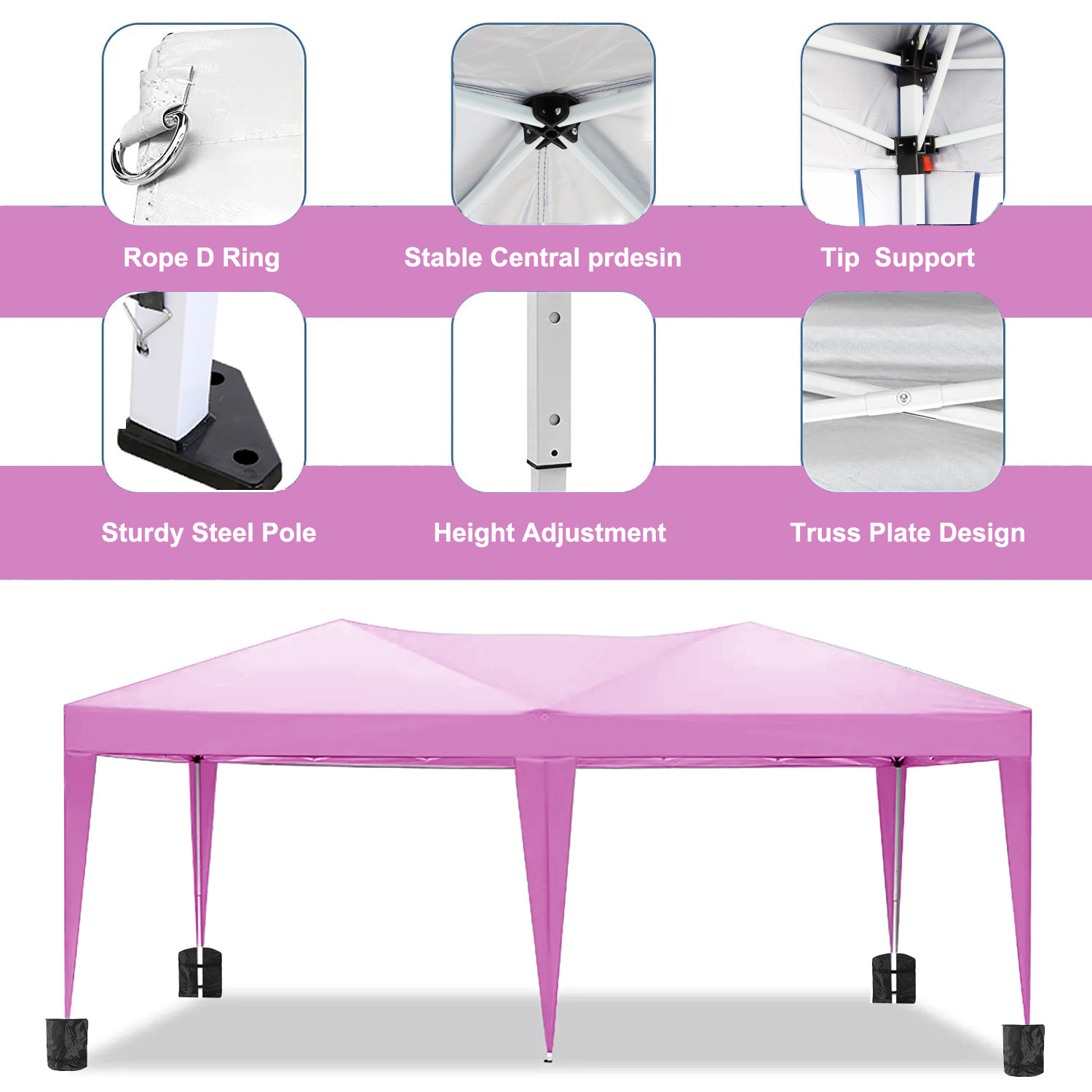 Close-up callouts of canopy D ring, pivot joint and truss plate