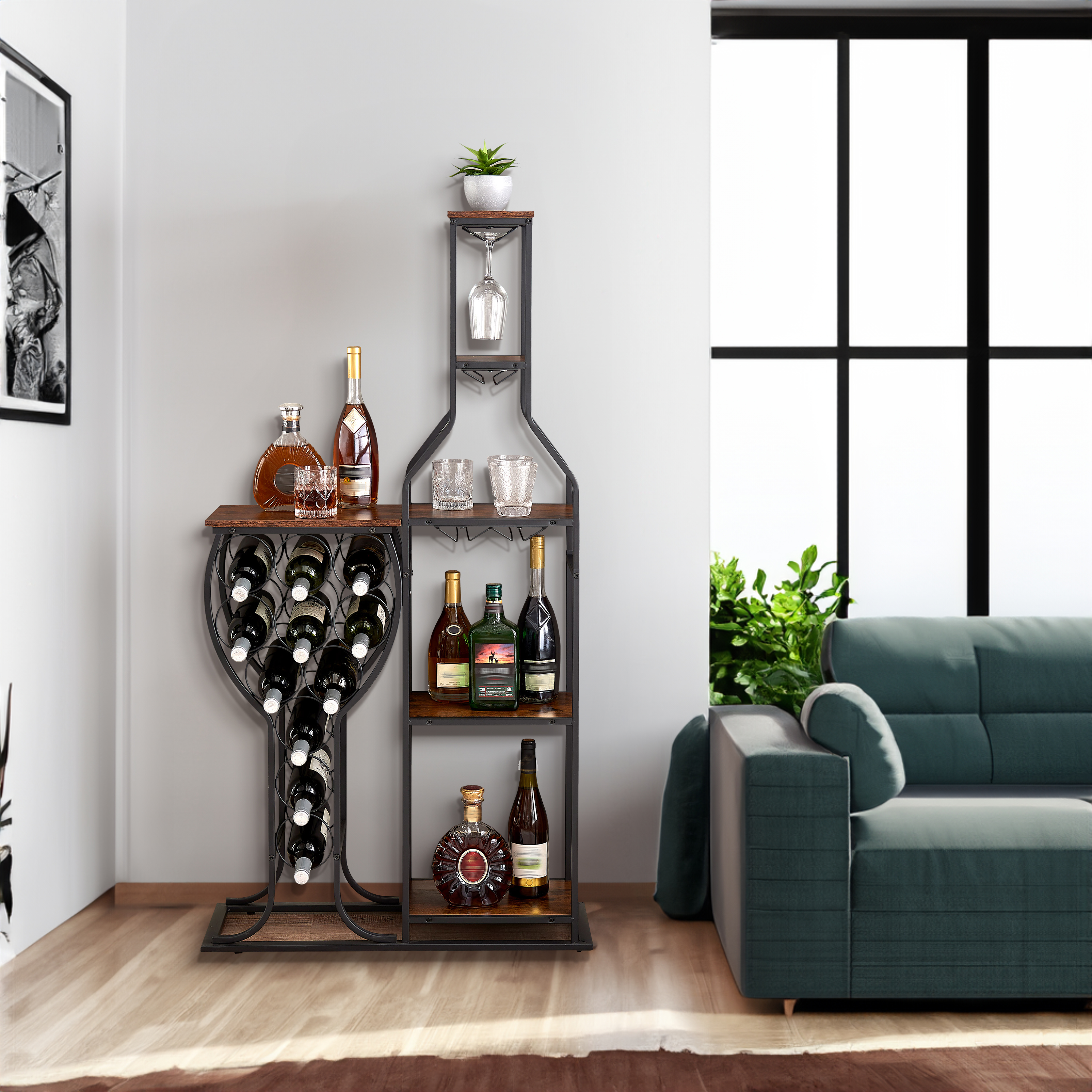 Wine rack styled in a modern living room with spirits and glasses