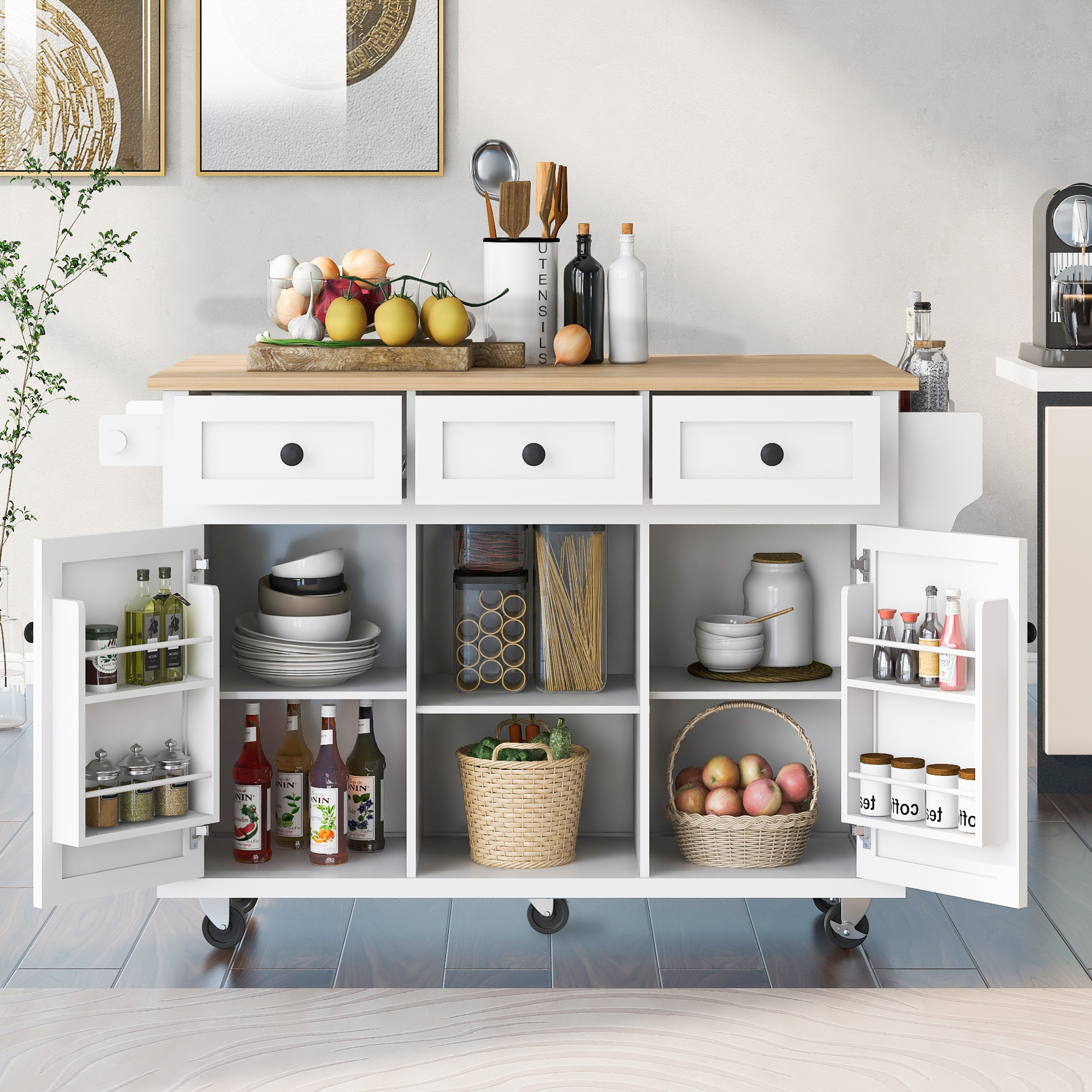 Cabinet doors open showing shelves, spice racks and stored kitchenware
